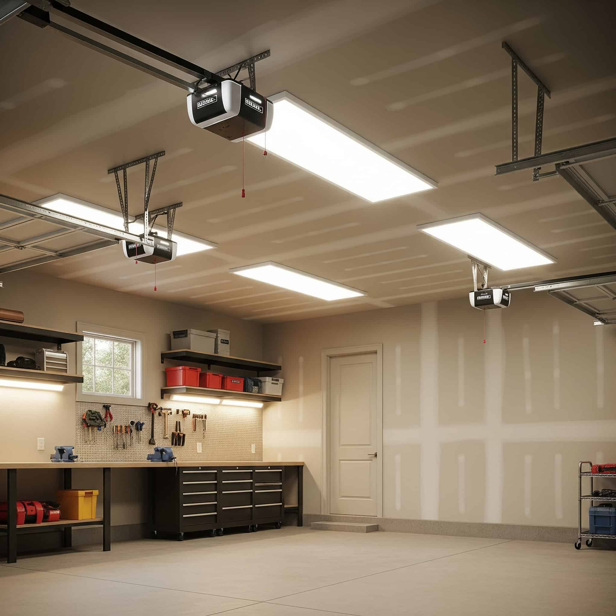 Retractable ceiling lights in a garage.