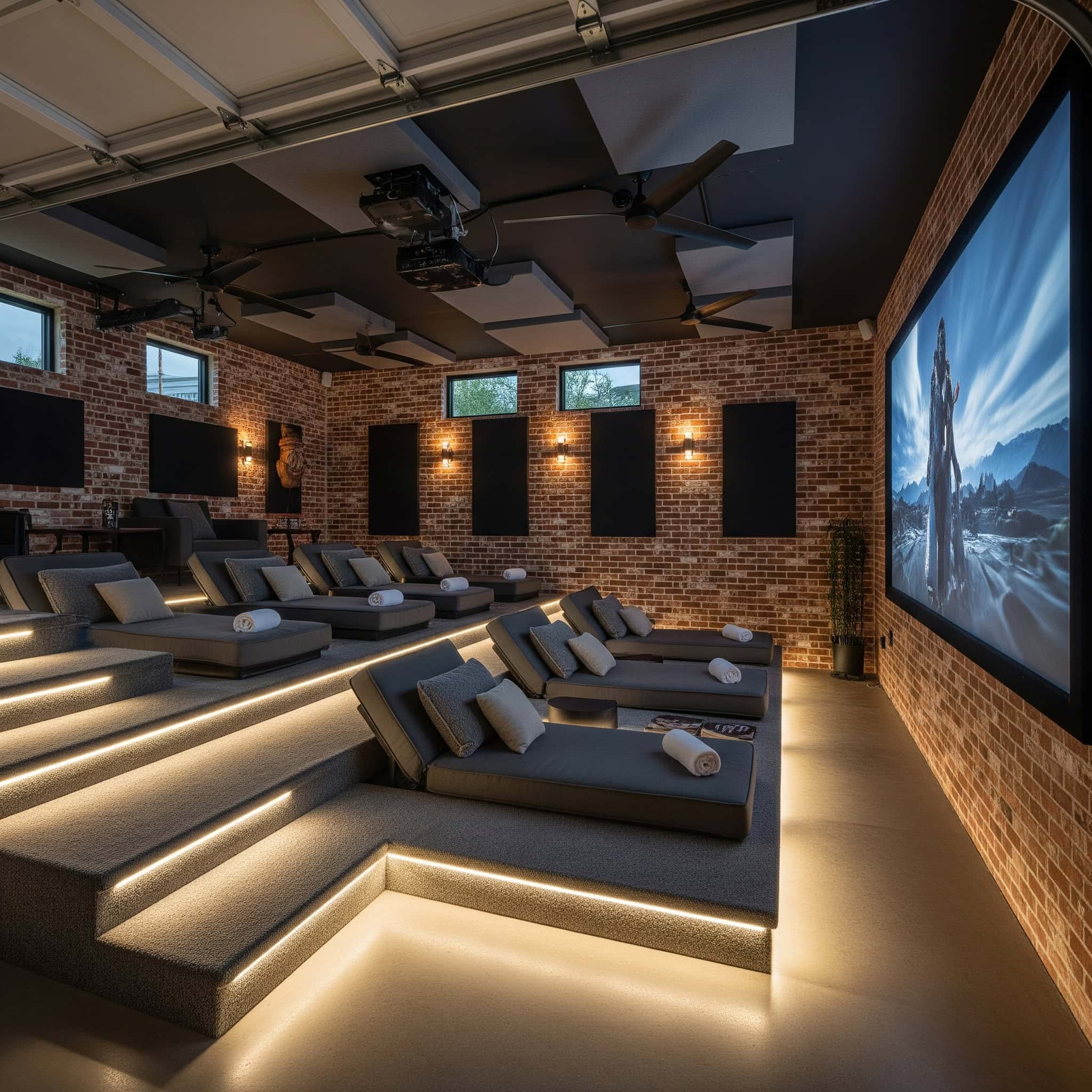 Tiered lounge beds in a garage home theater.