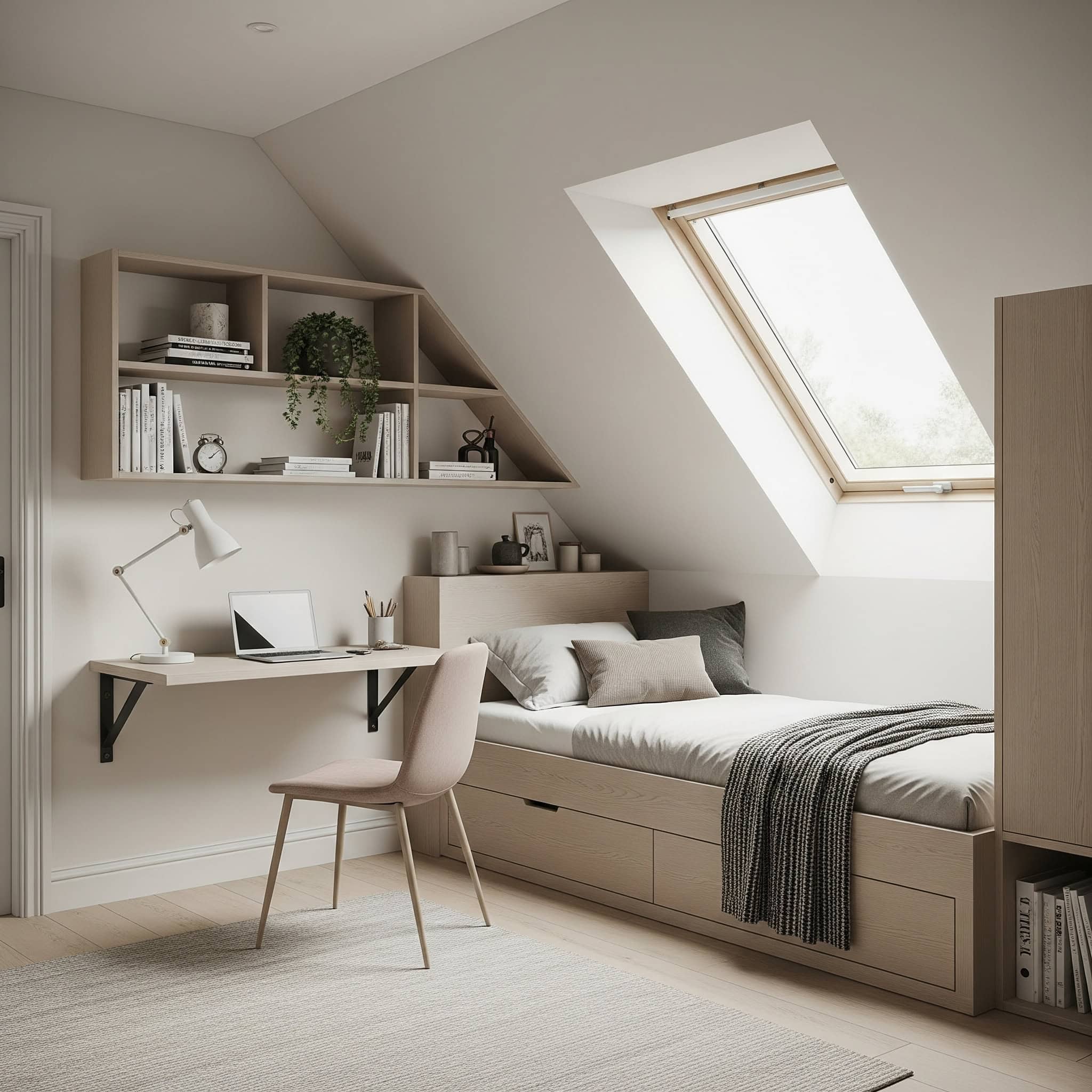 Wall-mounted furniture in an attic bedroom
