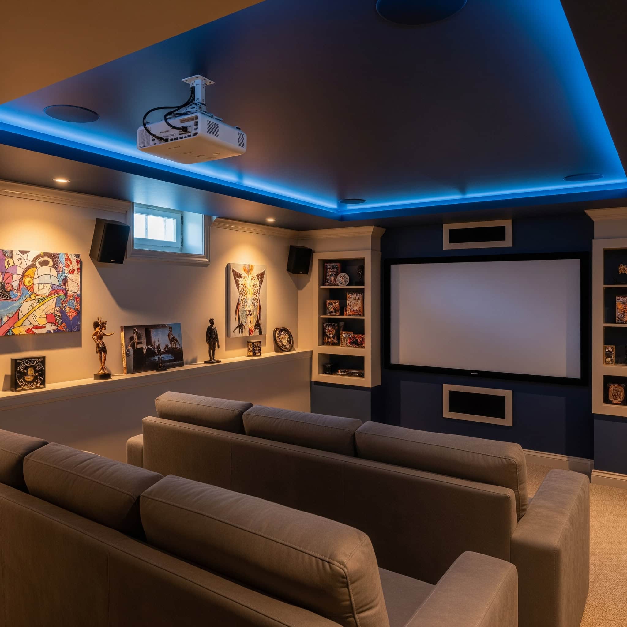 Cozy basement home theater with a low ceiling