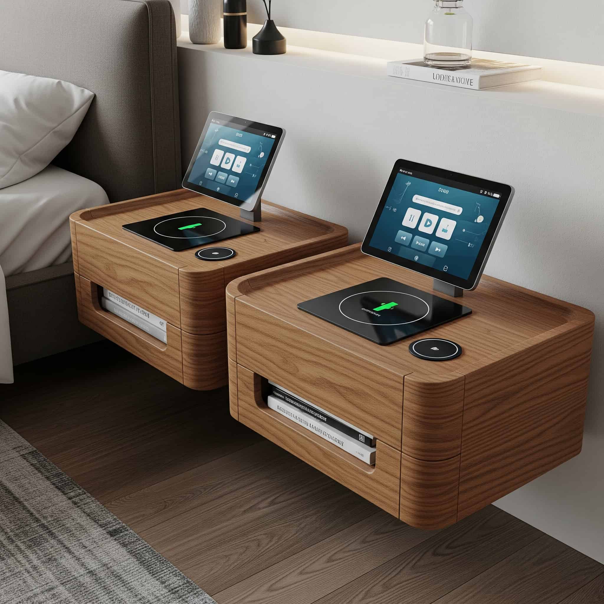 Floating nightstands with integrated technology.
