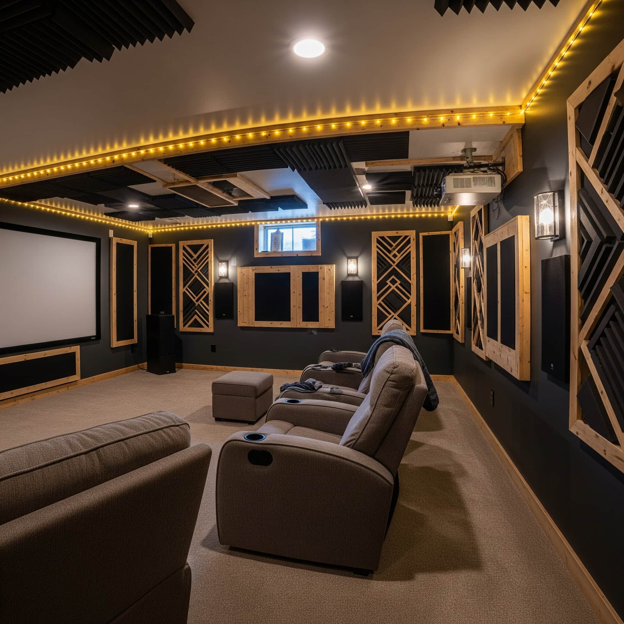 Cozy basement home theater with DIY acoustic panels.