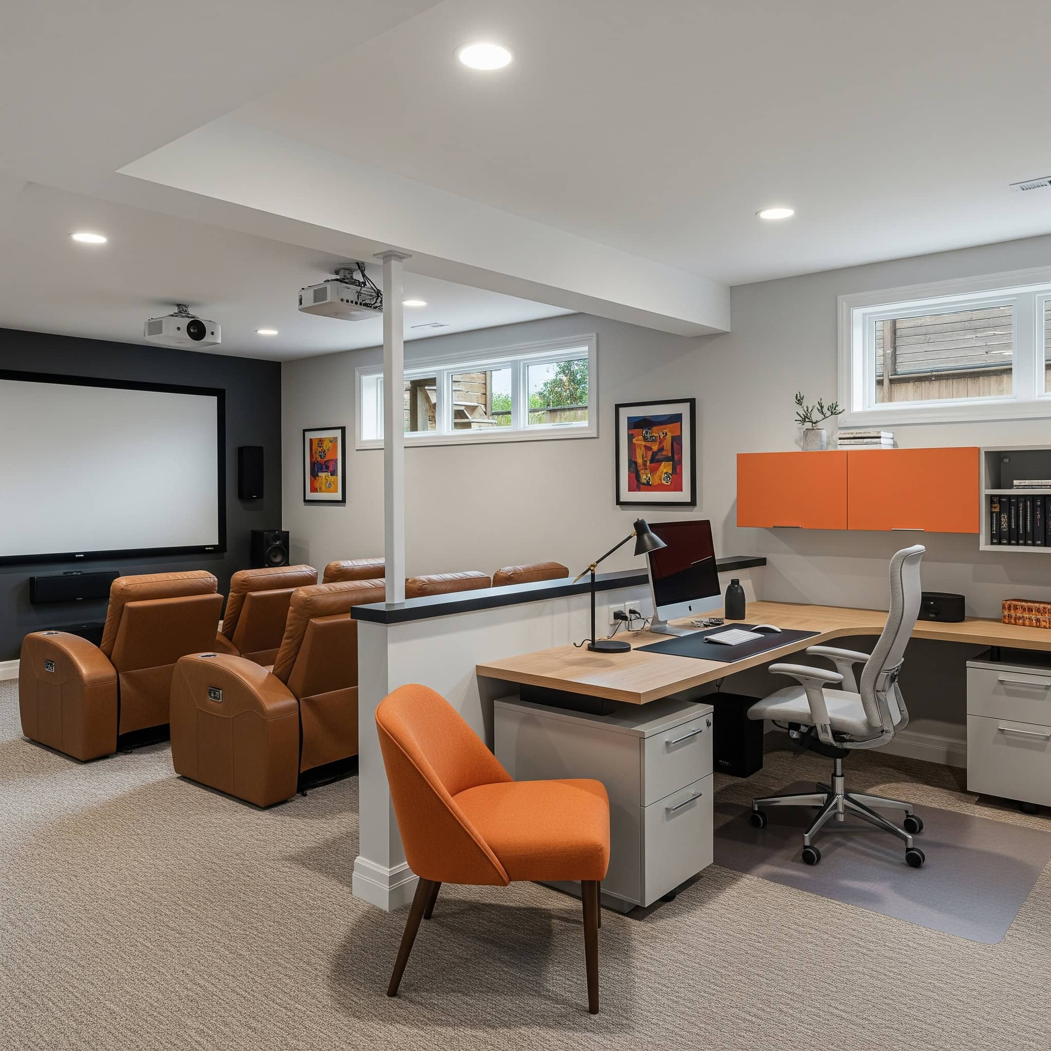 Thoughtfully designed basement area merging a home theater with a home office