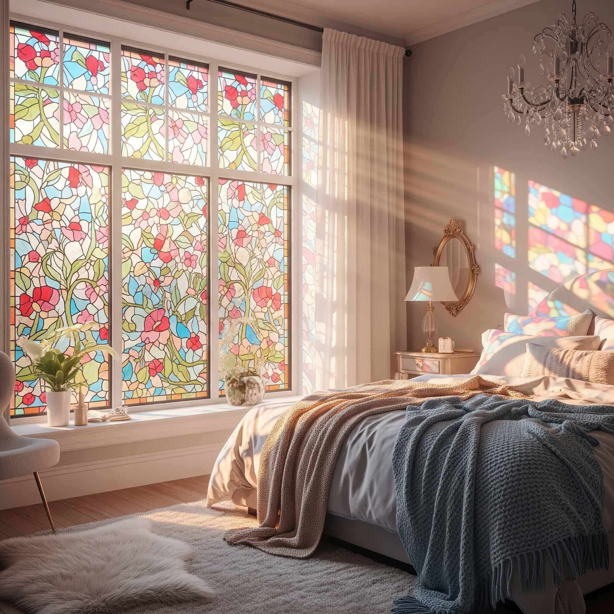 Cozy bedroom with a vibrant floral stained glass window film