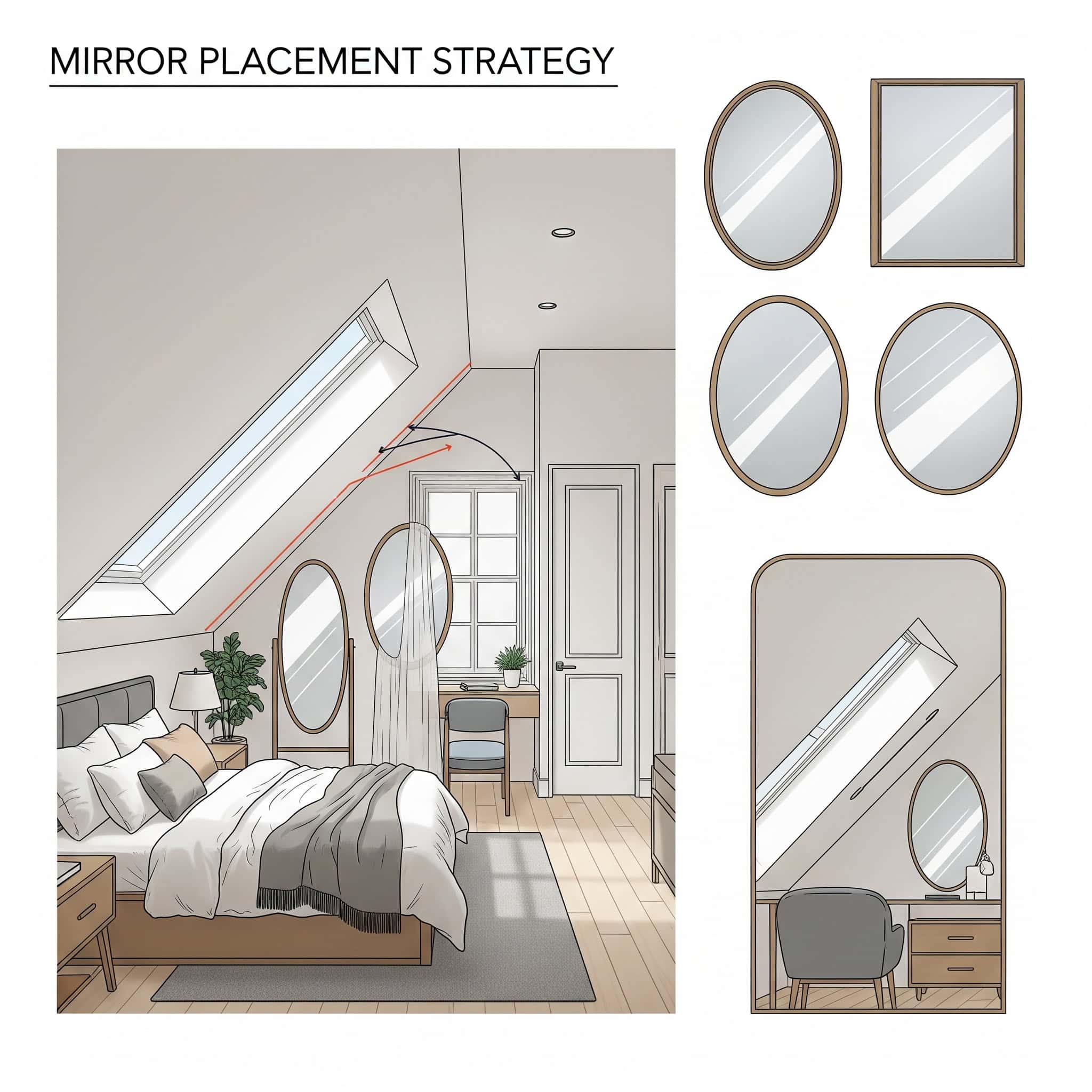 Mirror placement strategy in an attic bedroom