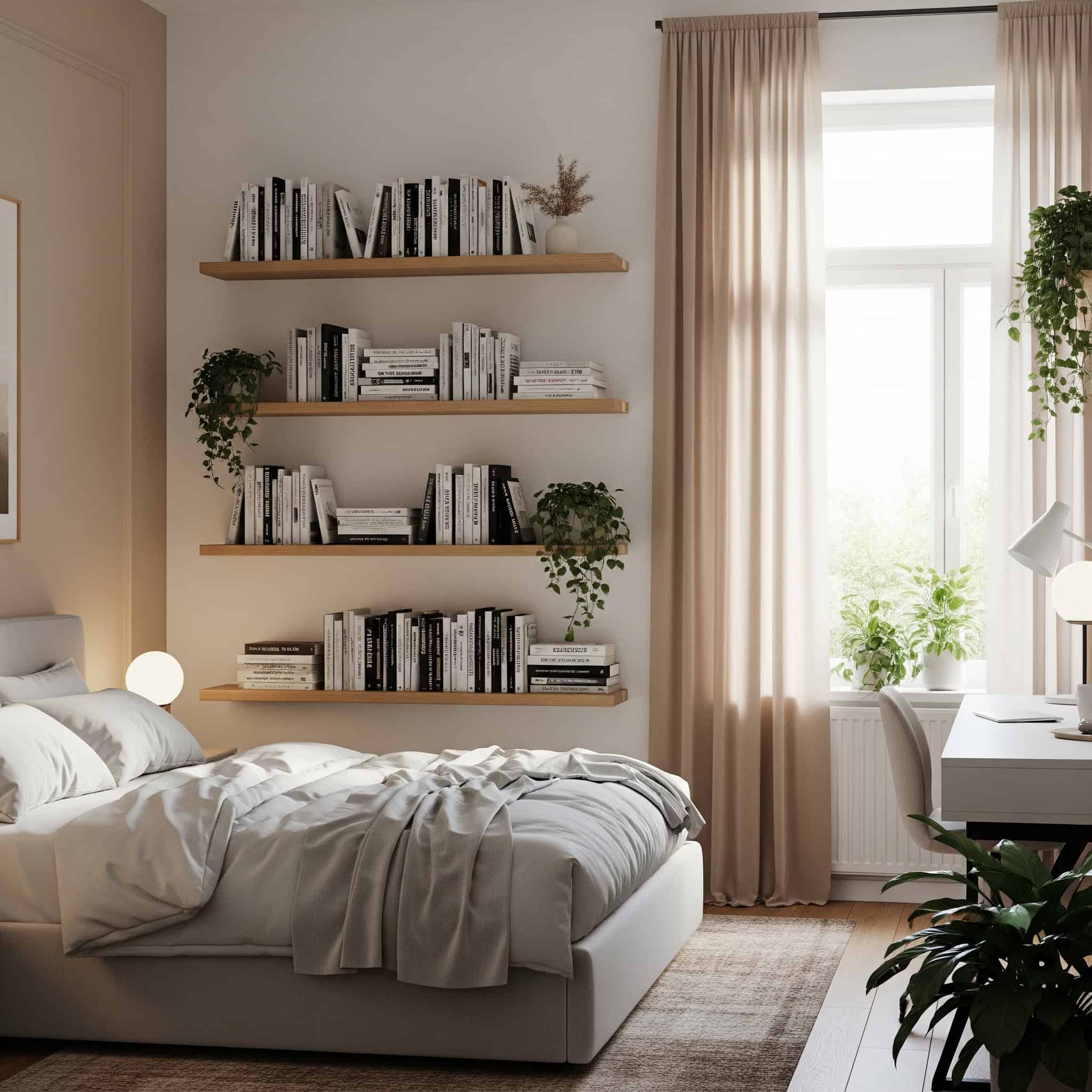 A minimalist bedroom with light oak floating shelves displaying books, complemented by soft natural light and a serene color palette.