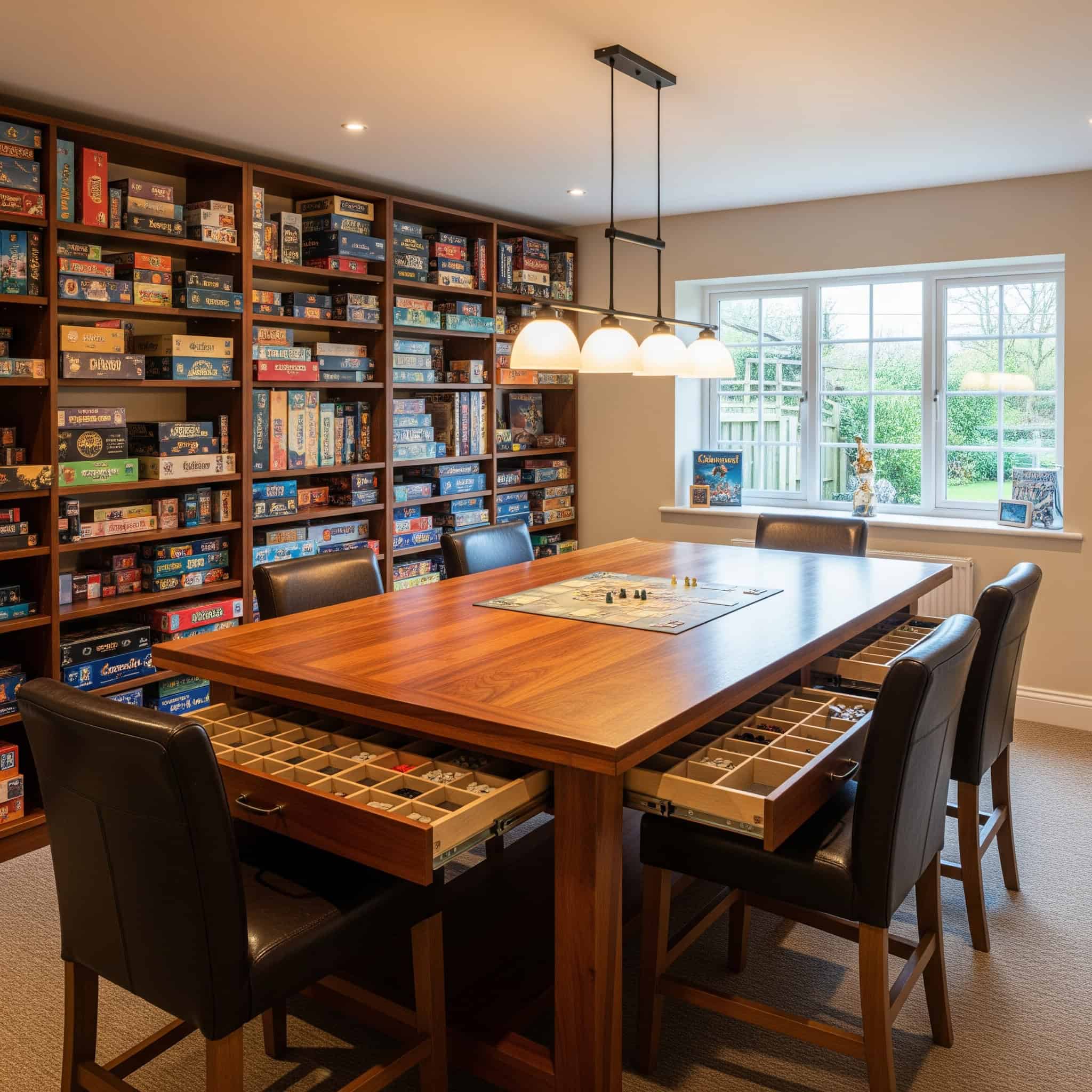 A well-lit dedicated board game room, designed with a large, sturdy, mahogany table as the central focus, surrounded by comfortable, high-backed leather chairs