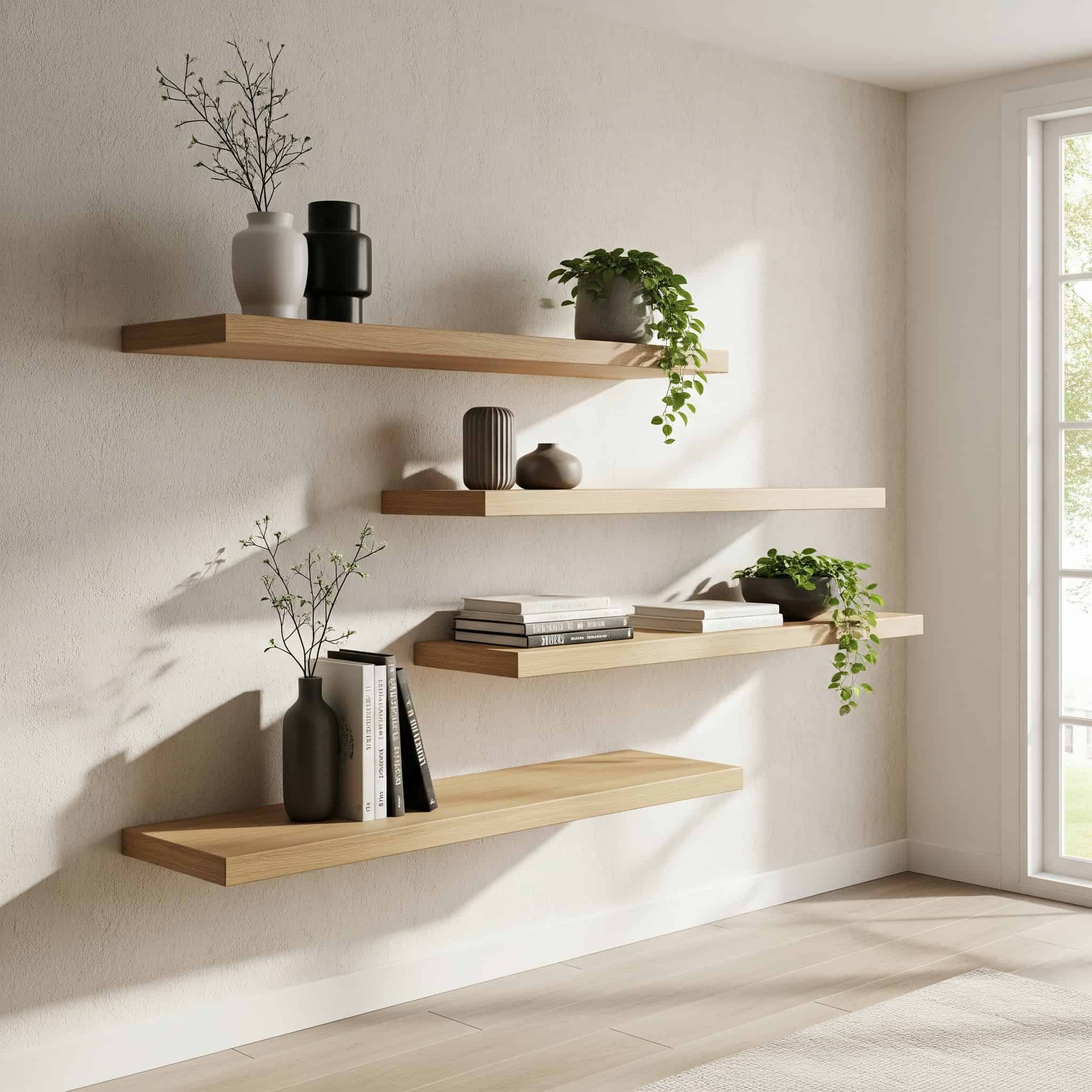 Floating wall shelves with decorative objects.