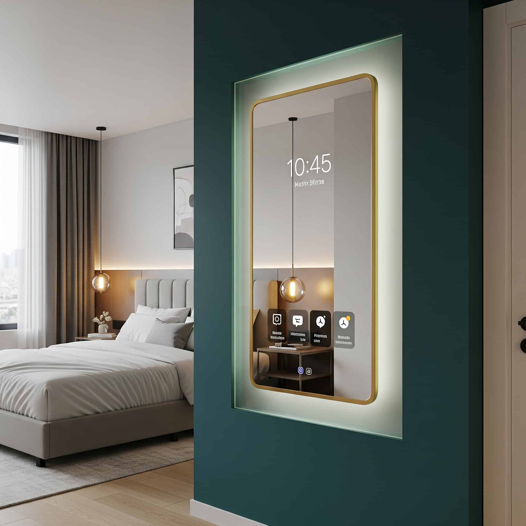Modern bedroom with an integrated smart mirror accent wall.