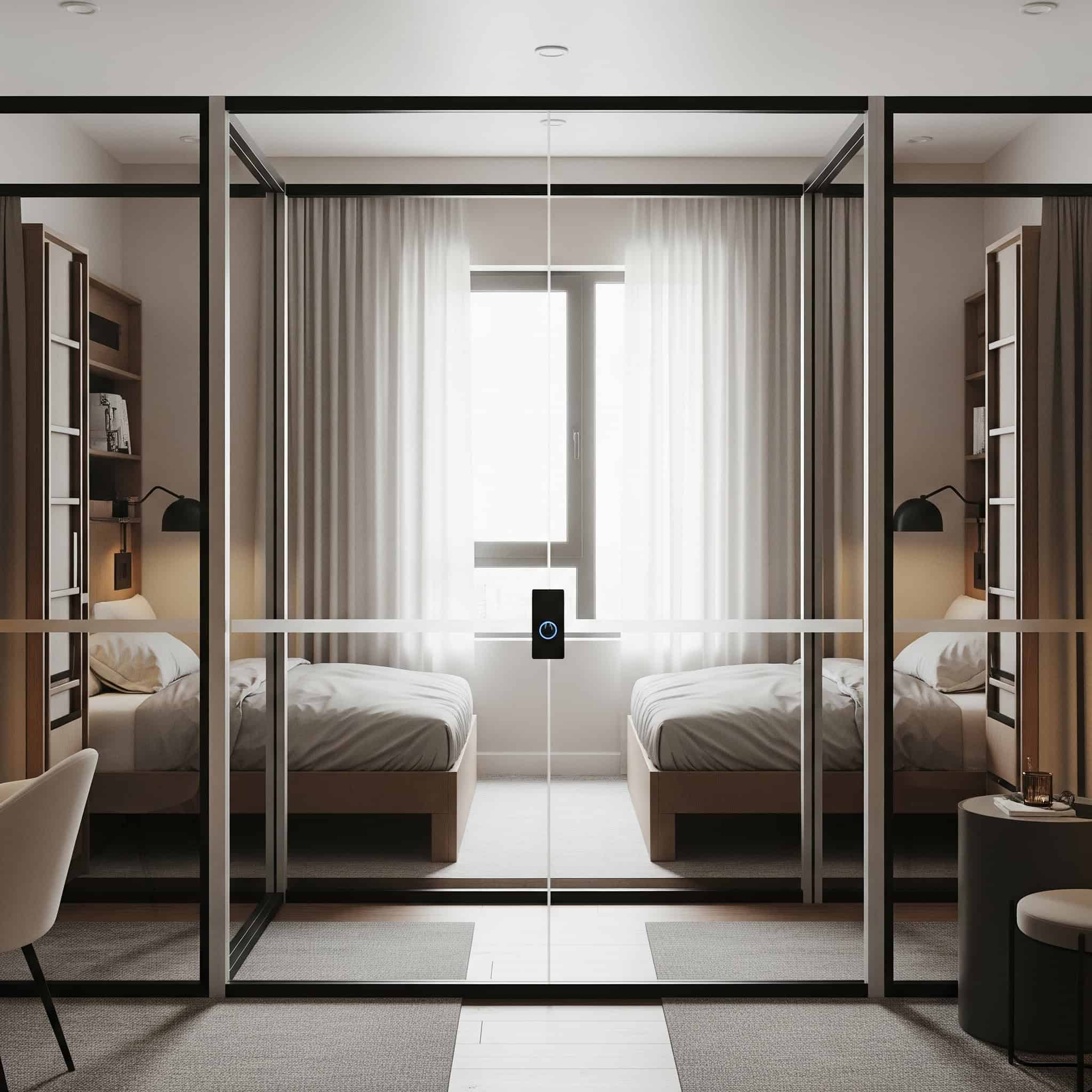 Shared bedroom with smart glass partitions.