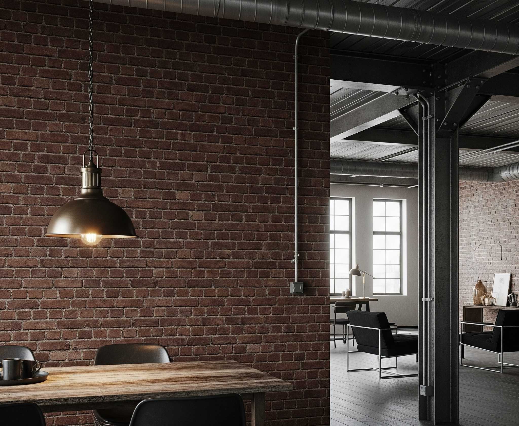 Faux brick wallpaper creates an industrial loft aesthetic.