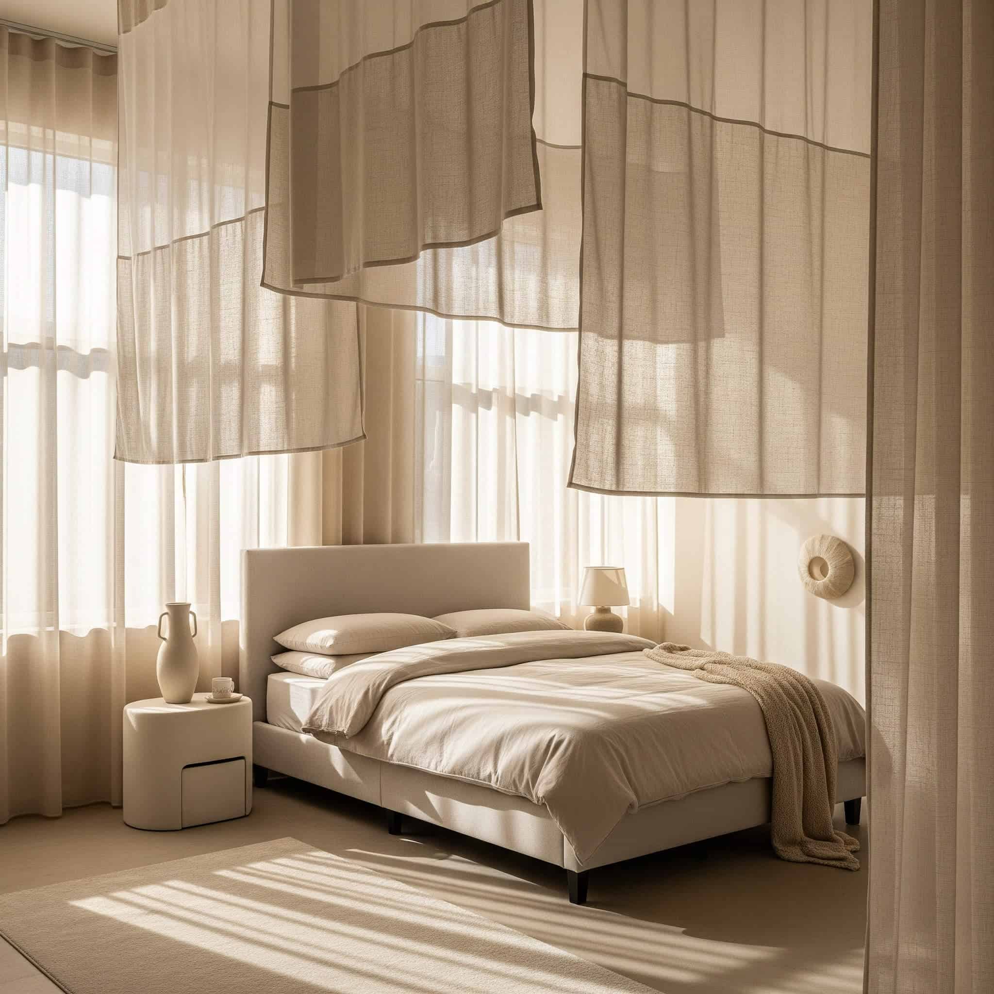 Tranquil bedroom with sheer drapery layers