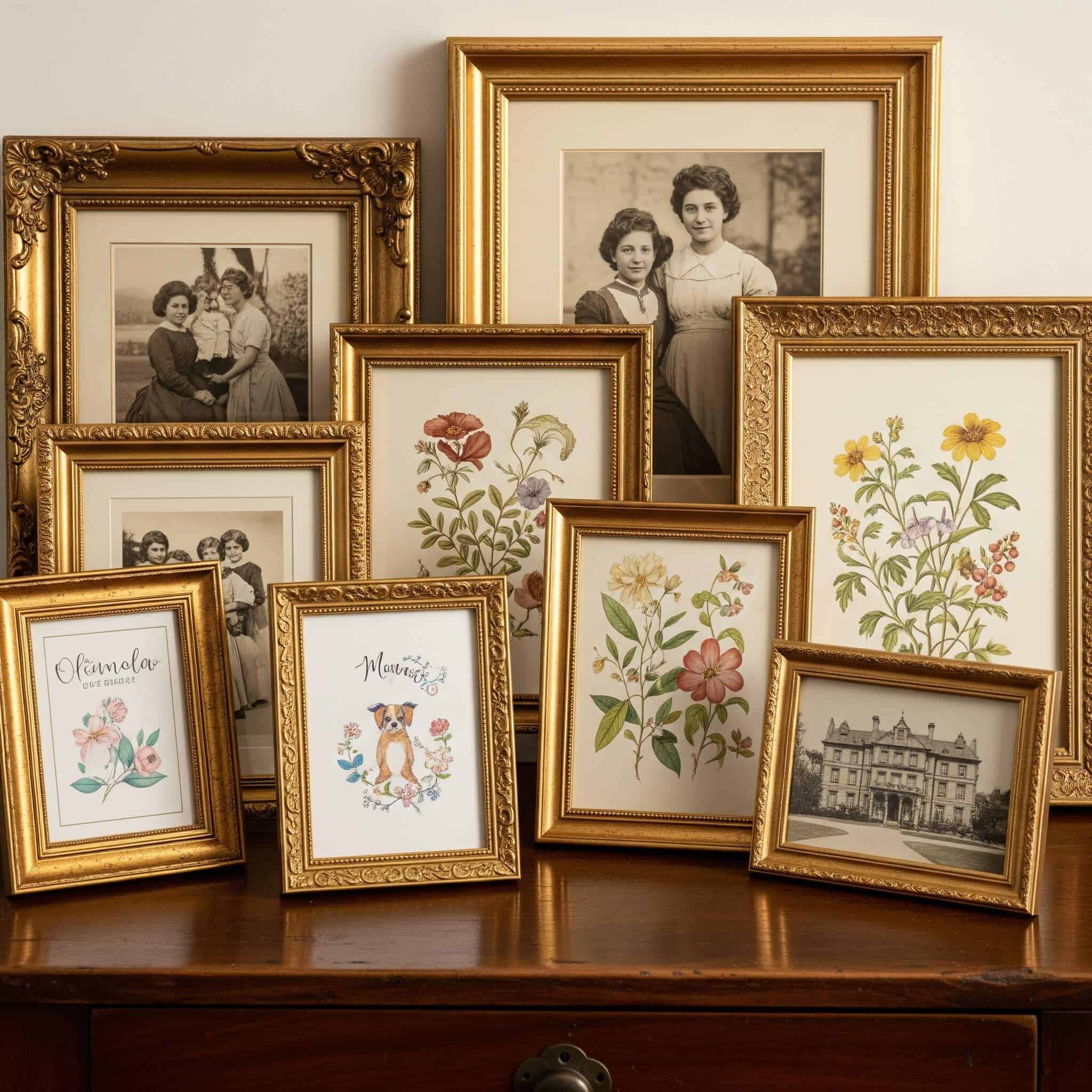 A collection of ornate gold frames in various sizes contains vintage photographs, botanical prints, and personalized art.