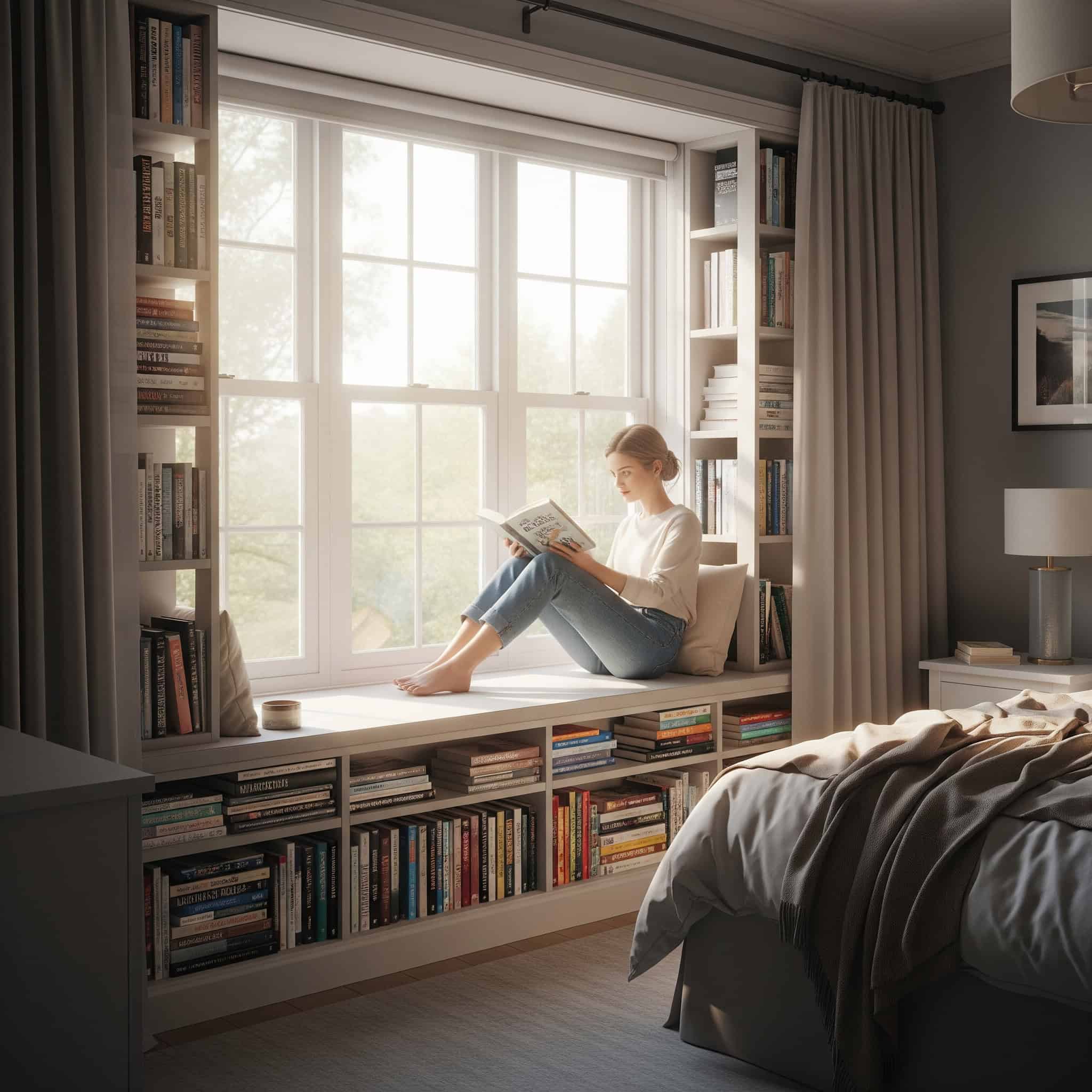 A whimsical bedroom featuring vintage suitcases filled with old books, illuminated by sunlight