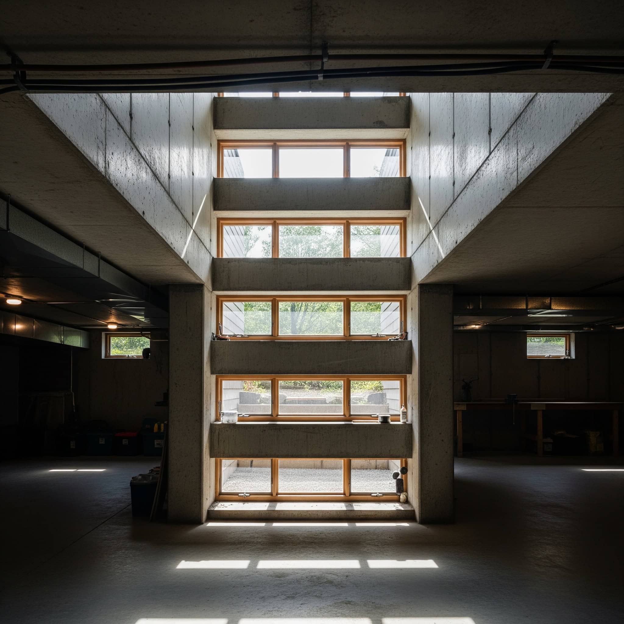 Basement with tiered window wells providing natural light.