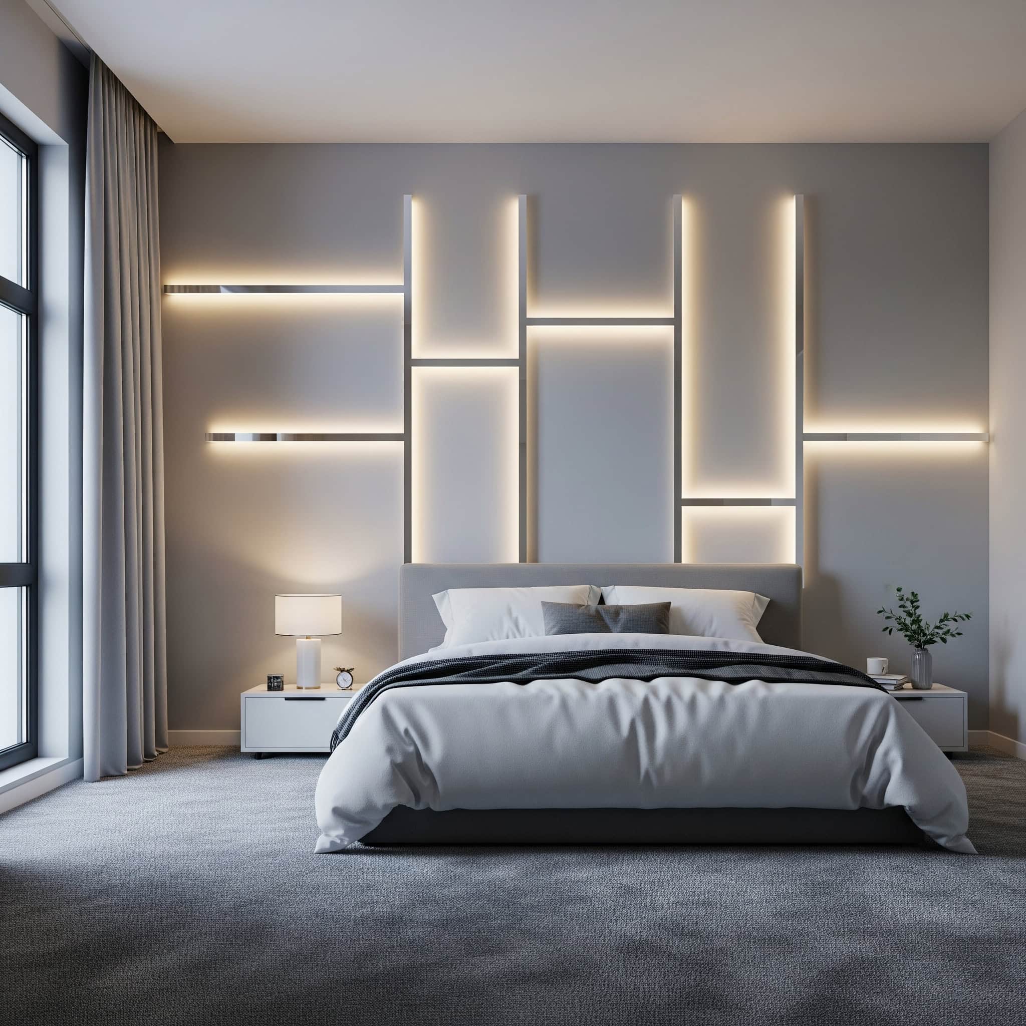 Modern bedroom with a light panel accent wall.