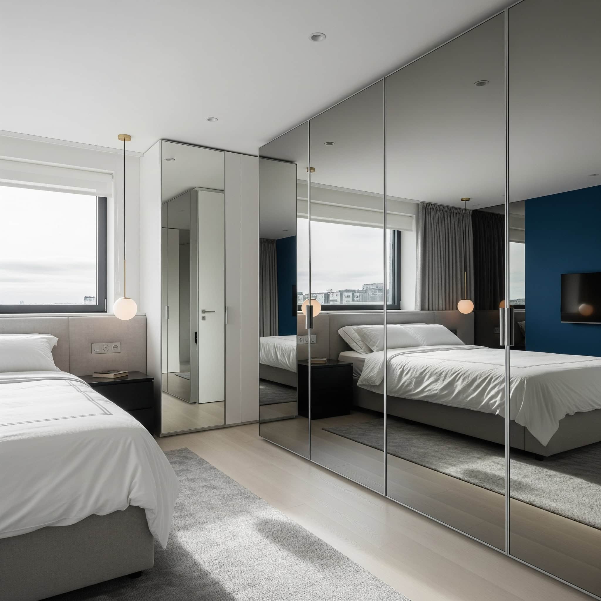 Bedroom with a floor-to-ceiling mirror wall.