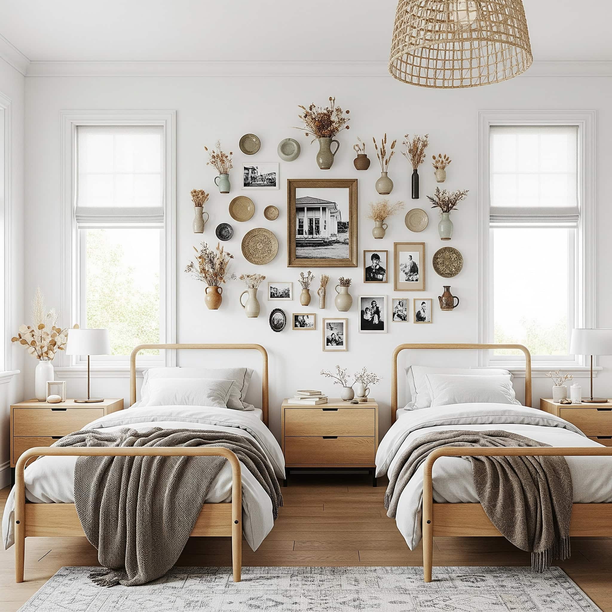 Shared bedroom with a gallery wall featuring personal collections