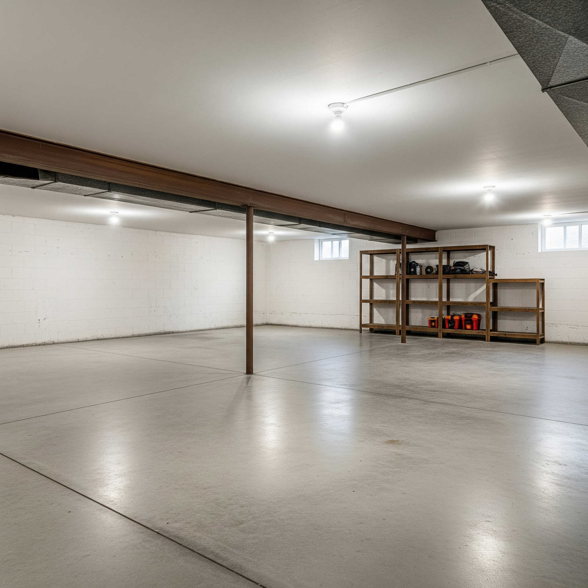 Clean, well-lit basement space.