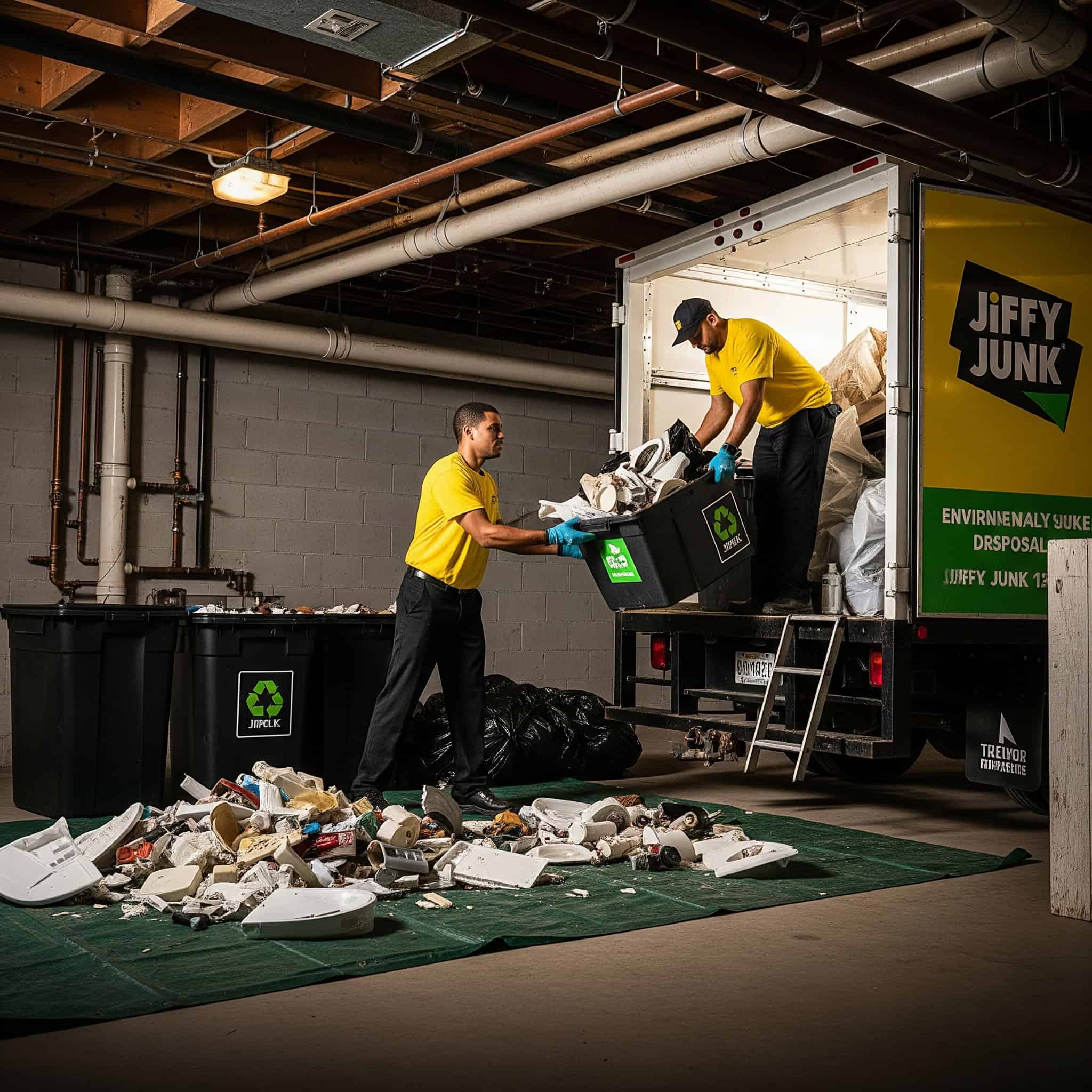 Jiffy Junk handling environmentally responsible disposal of bathroom renovation waste from a basement.