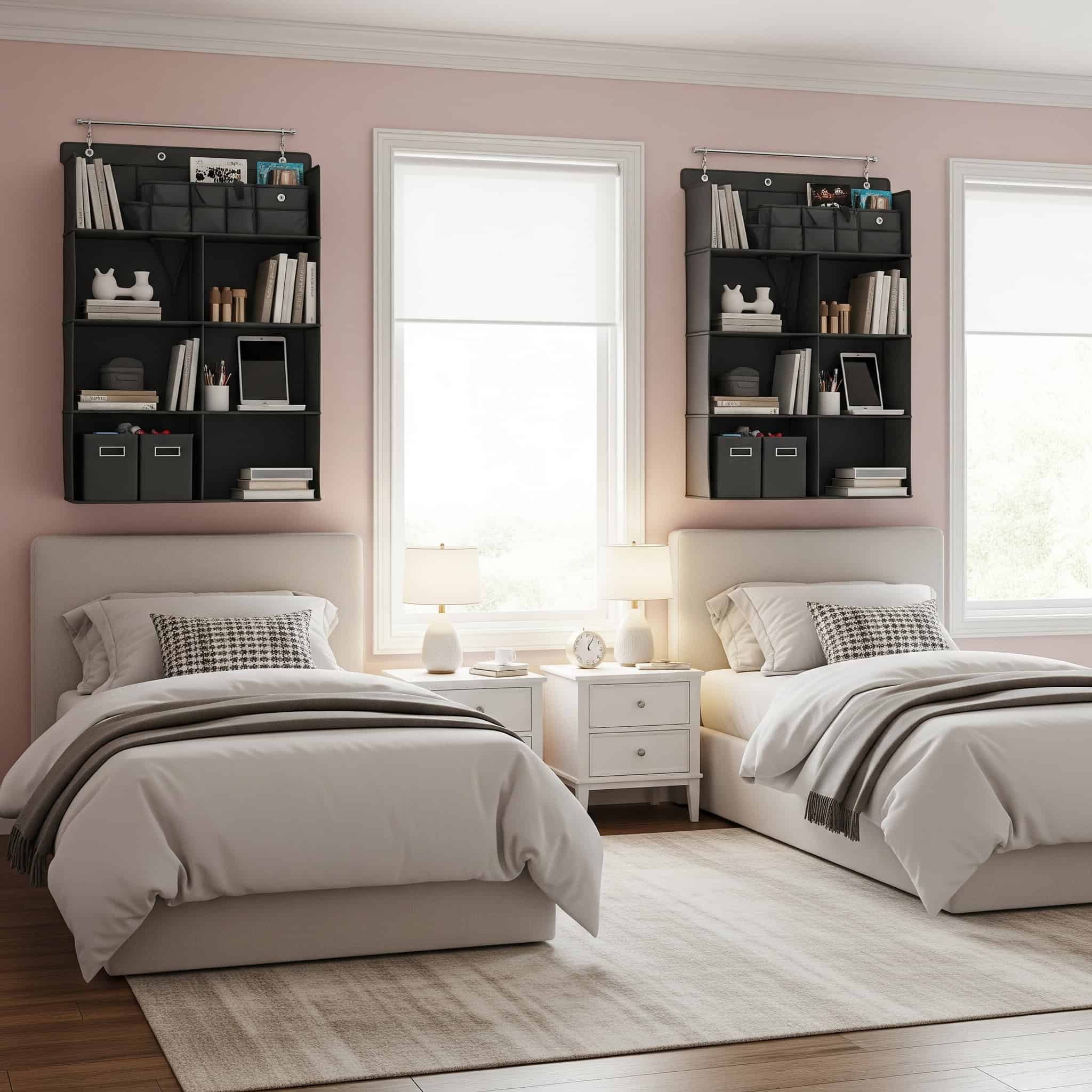 Shared bedroom with bedside hanging organizers.