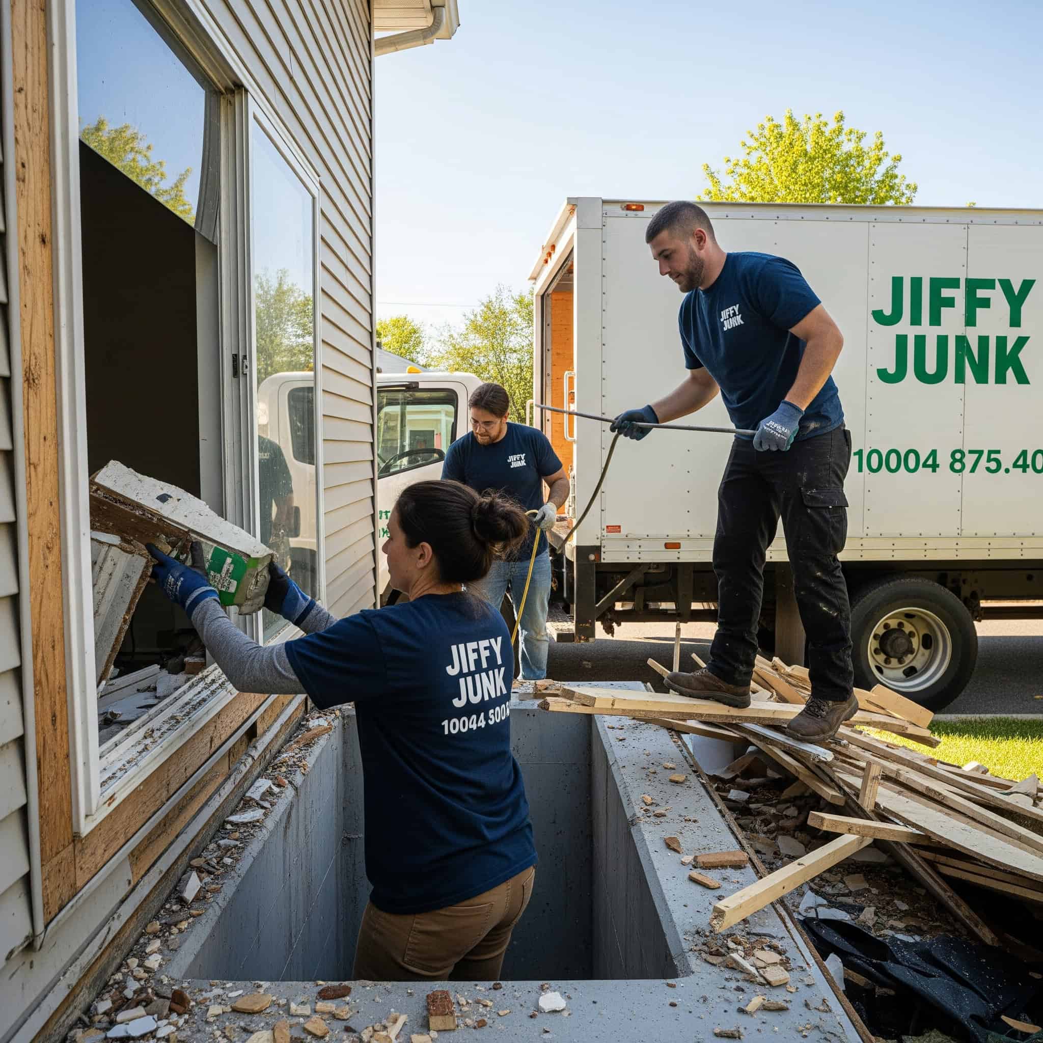 Jiffy Junk team removing debris from a basement window project.