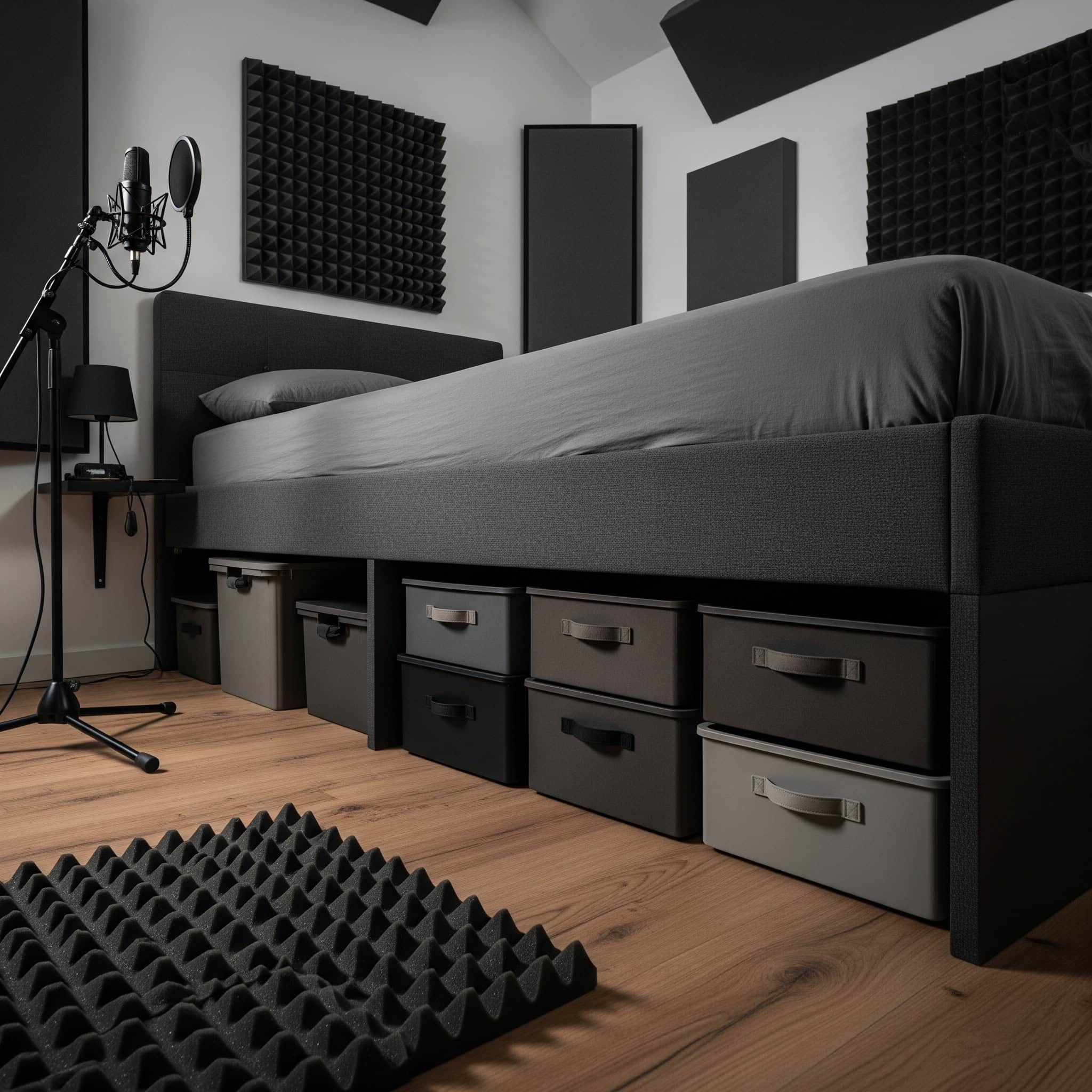 Under-bed storage solutions in a bedroom recording studio