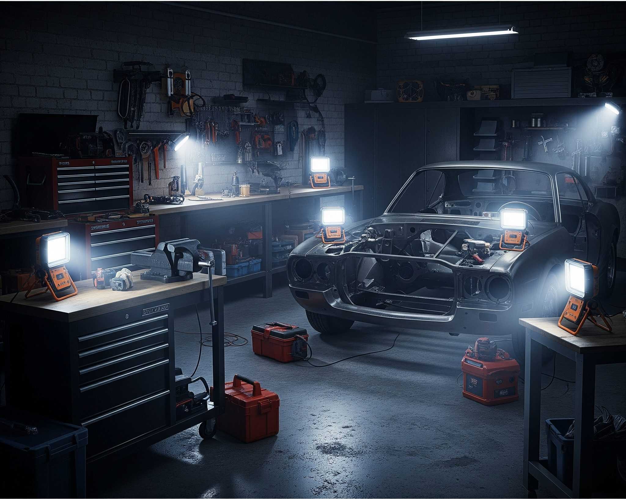 Portable LED work lamps in a garage