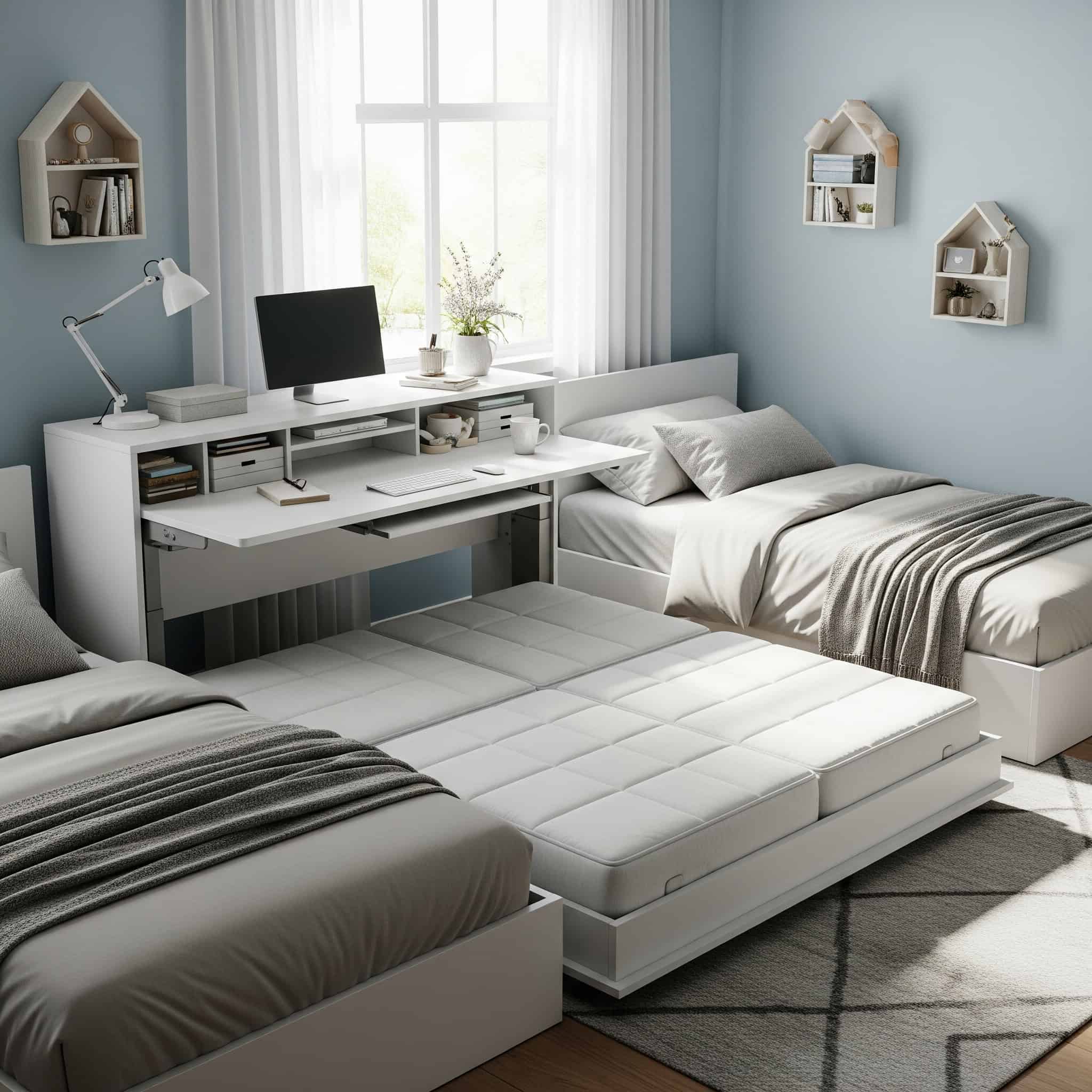 Shared bedroom with convertible desk-to-bed furniture