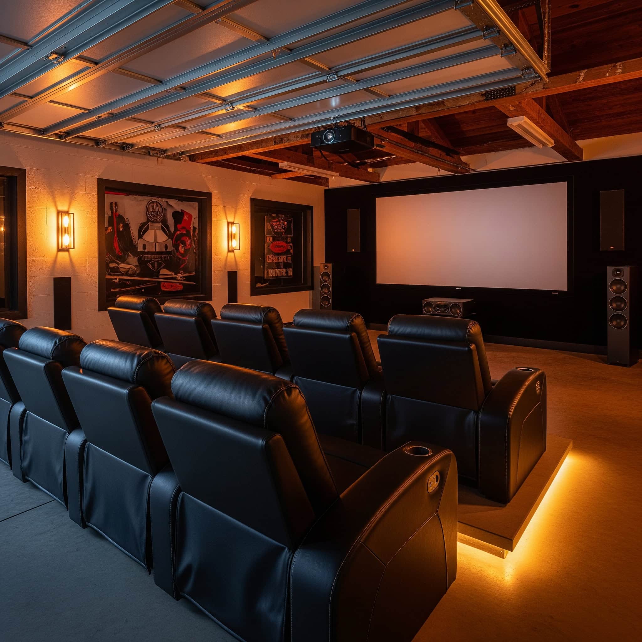 Luxurious recliners in a garage home theater.