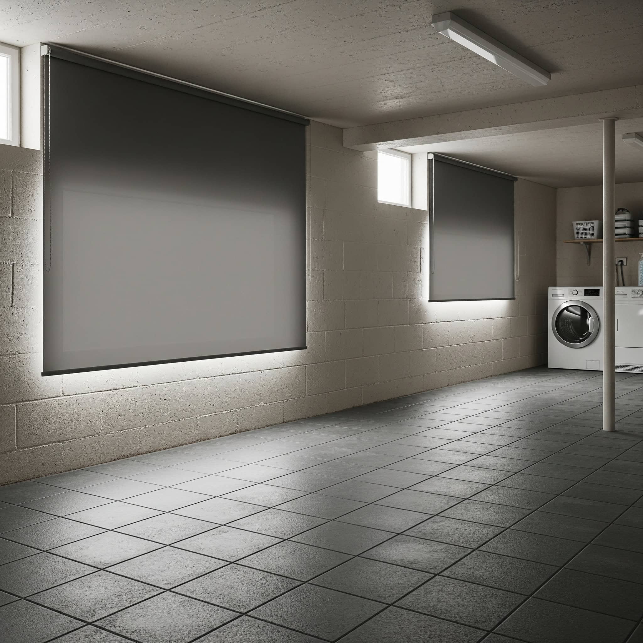 Basement with moisture-resistant roller blinds.