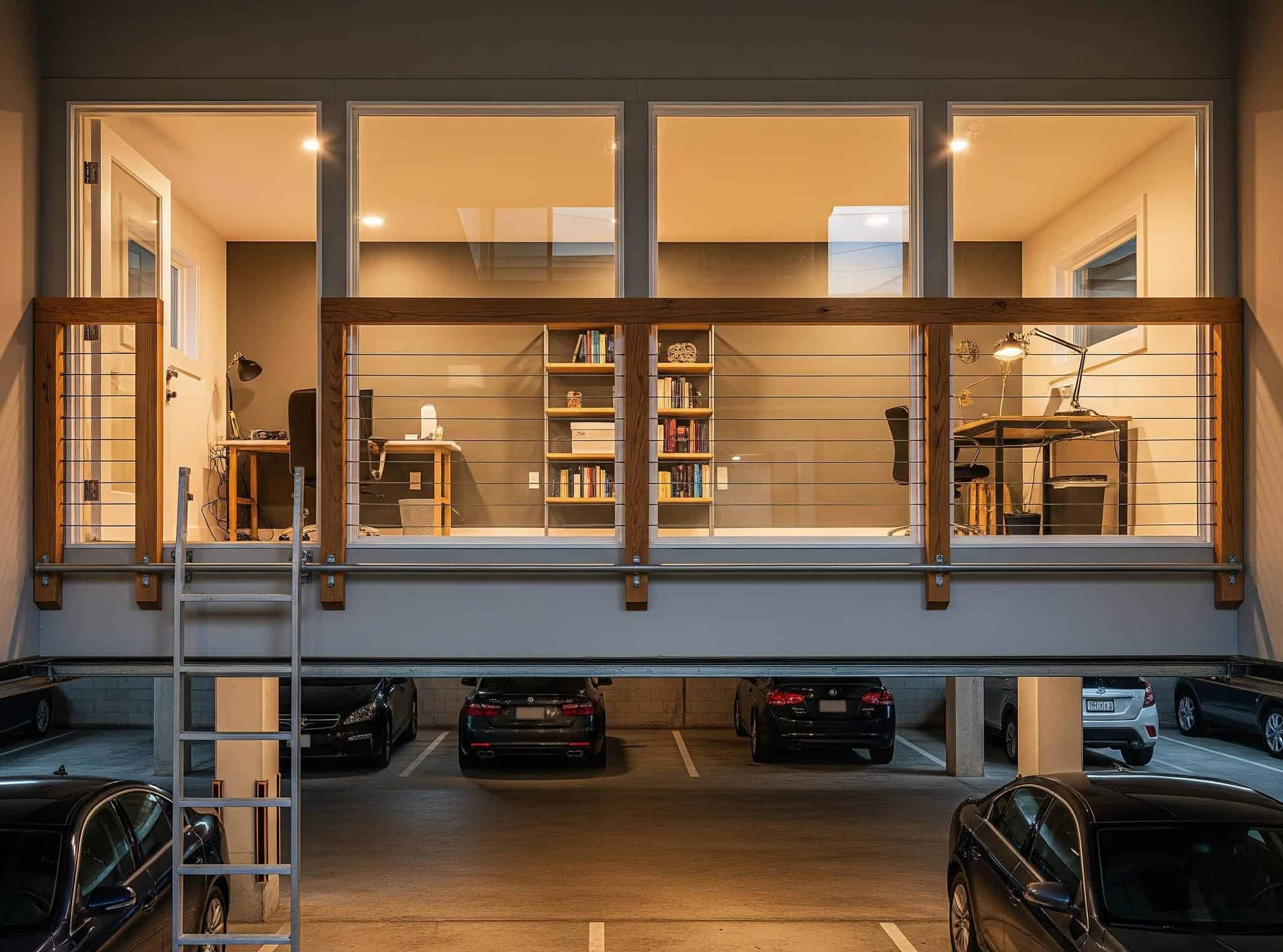 Loft office above parking area in a garage.