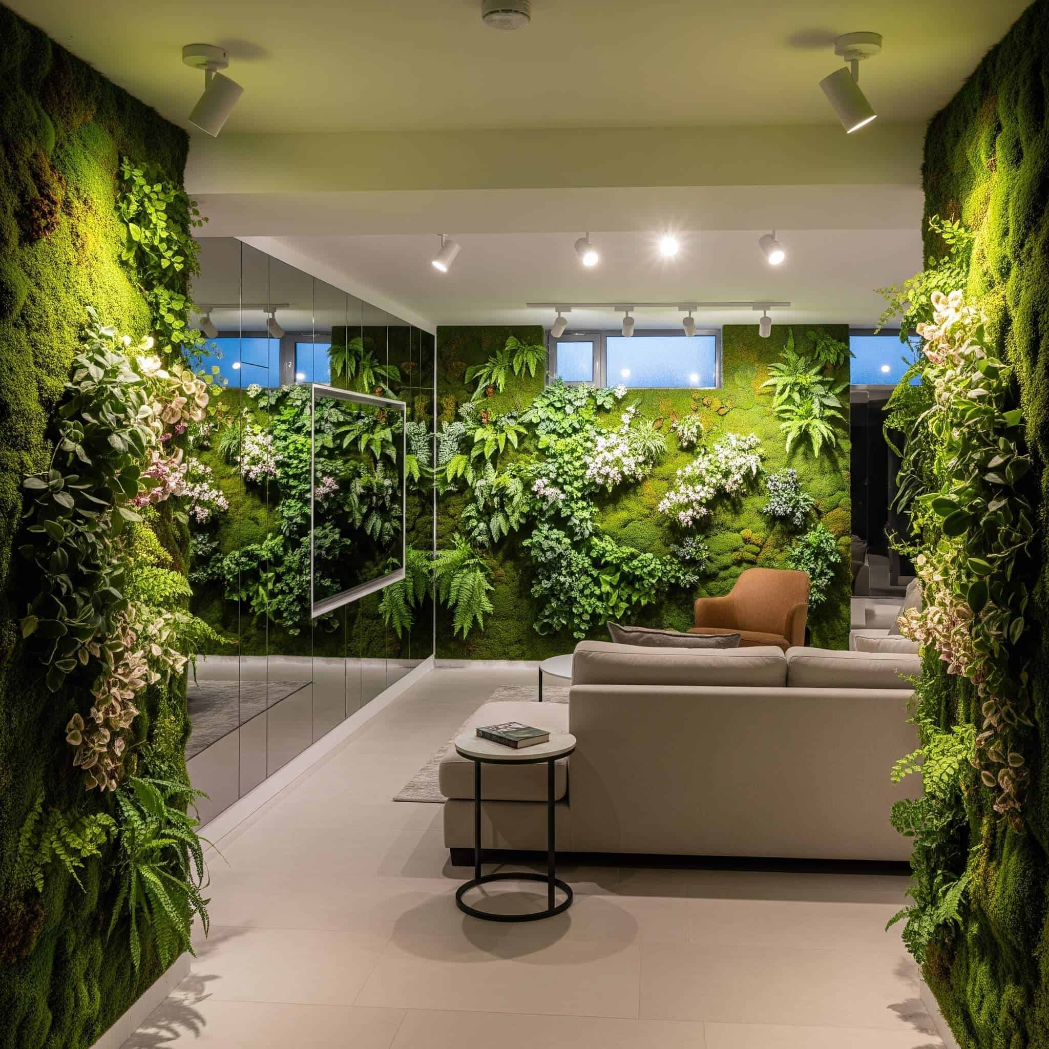 A modern 2025 basement with living walls/vertical gardens.