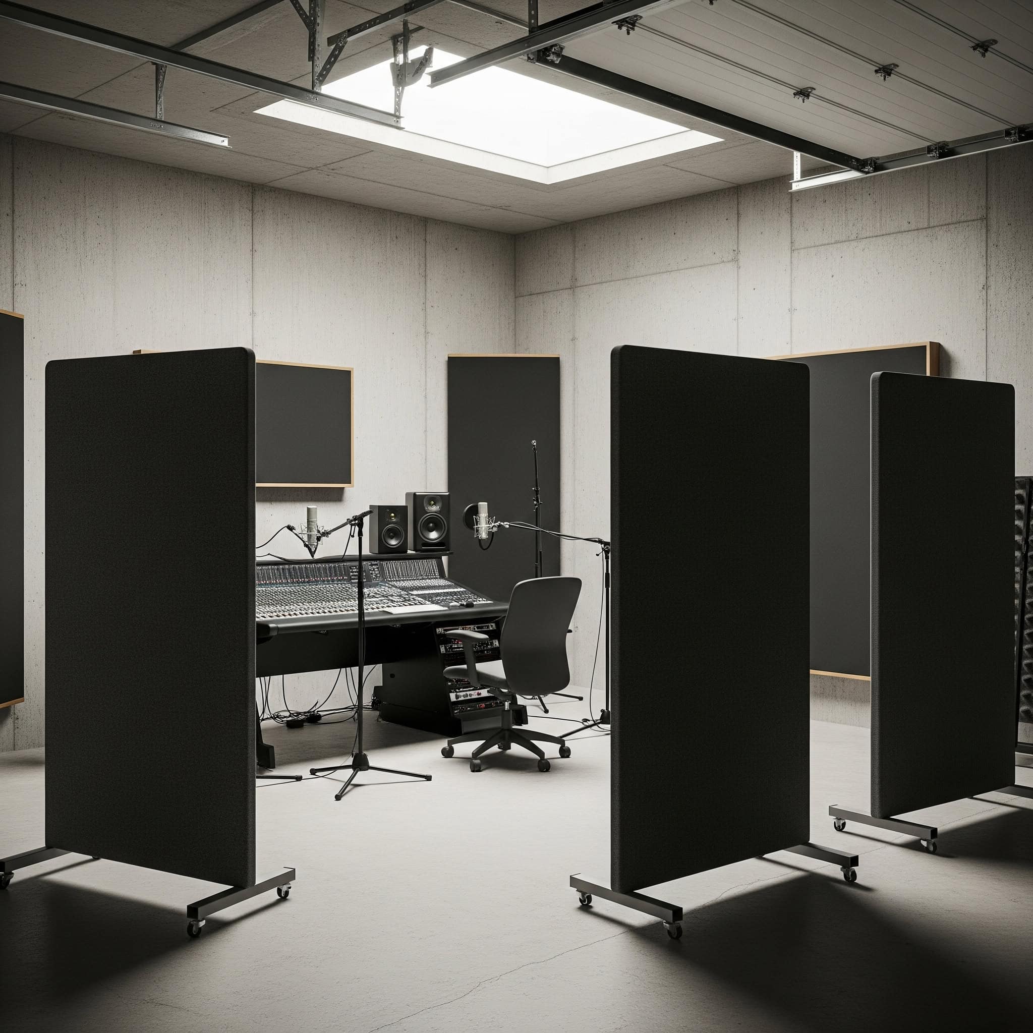 Garage studio with portable gobos.