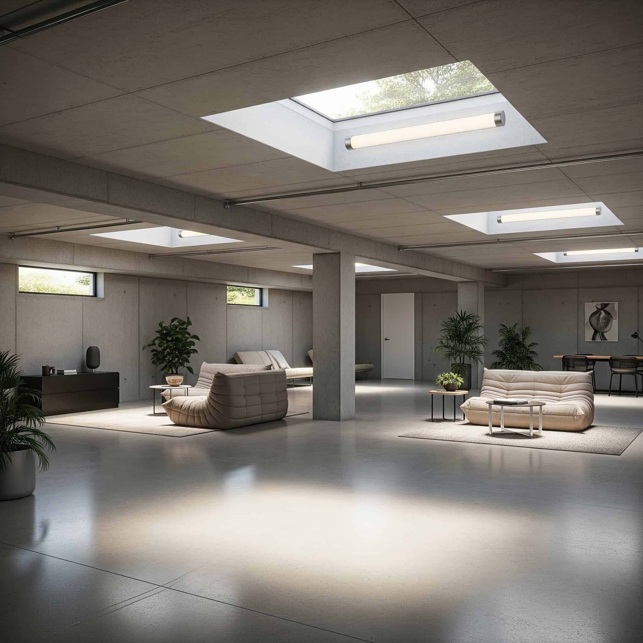 Modern basement interior with tubular skylights