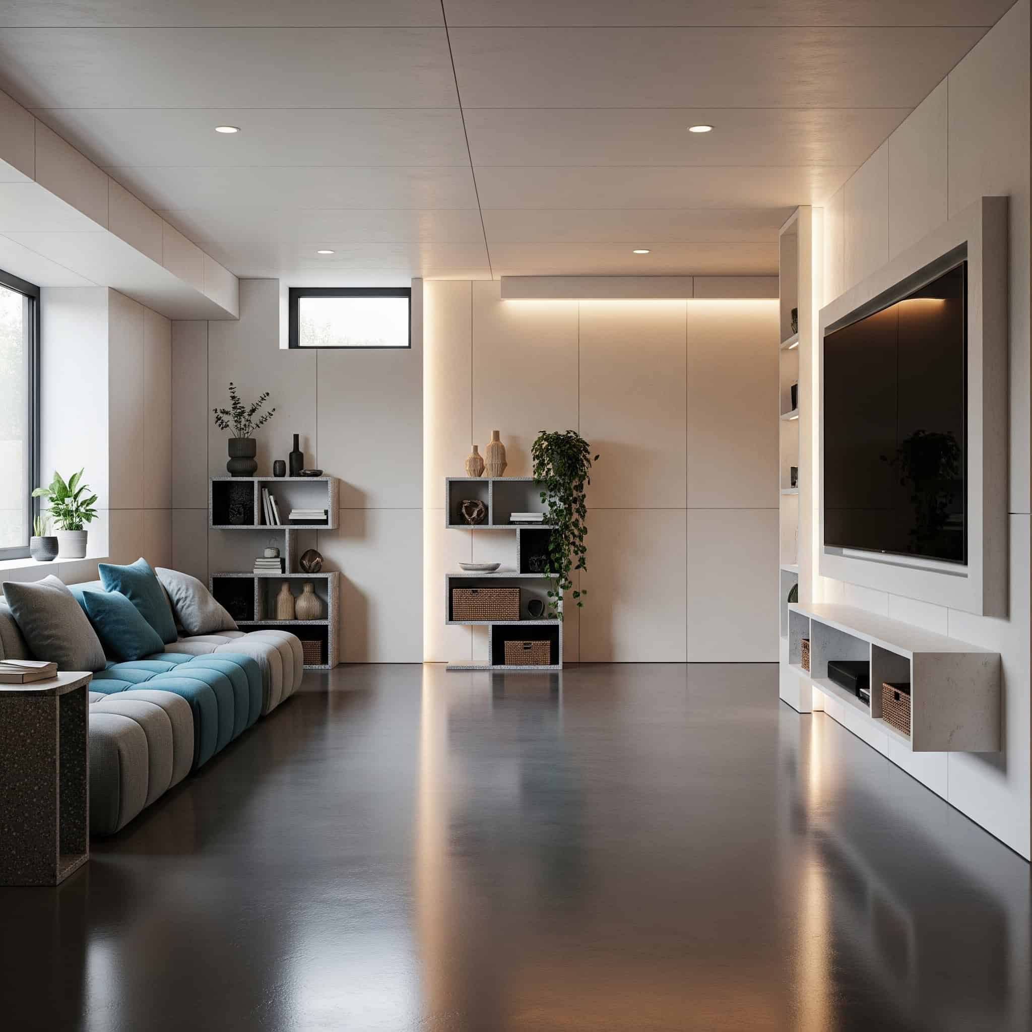 A modern 2025 basement with cement board walls.