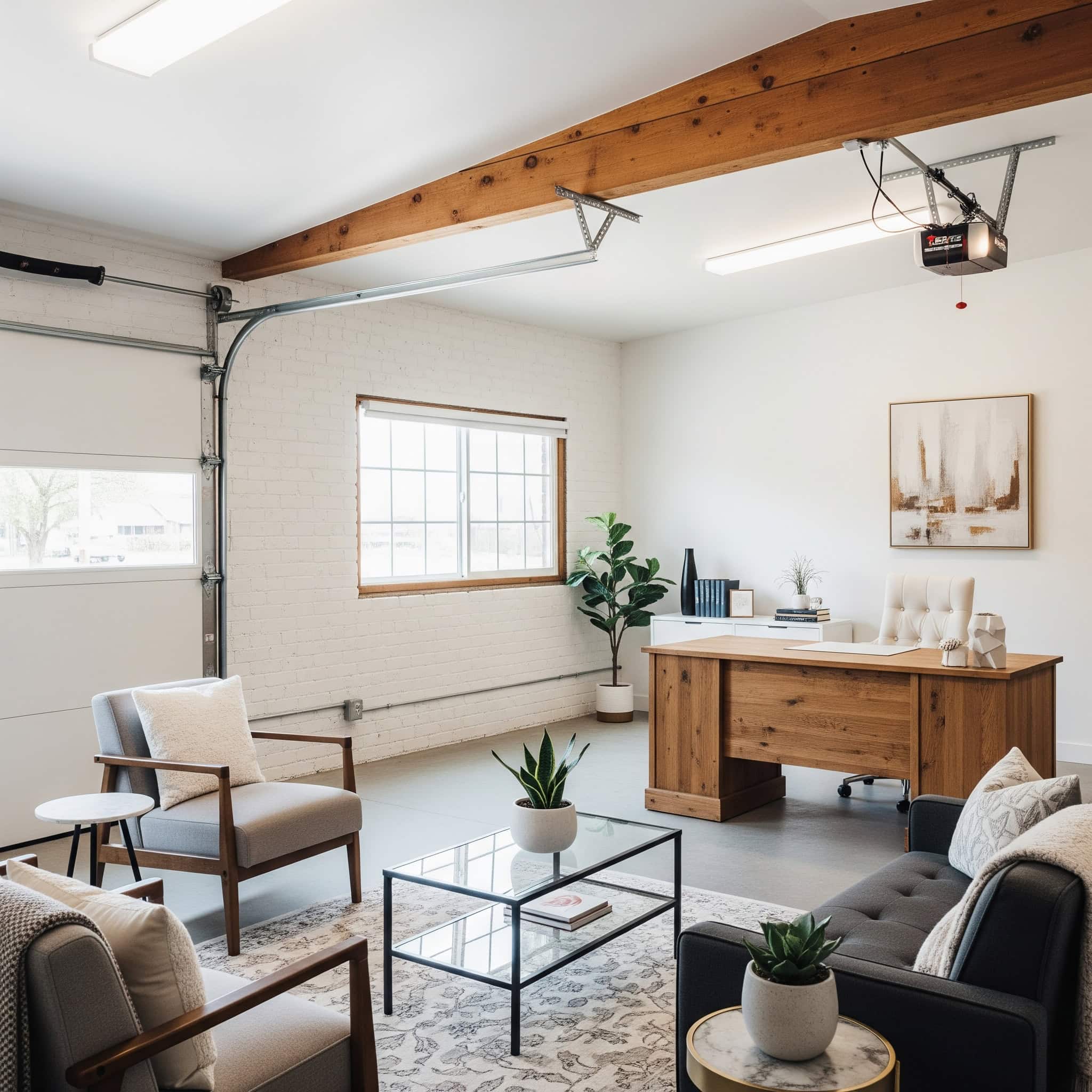 A bright and welcoming client consultation space within a garage office.