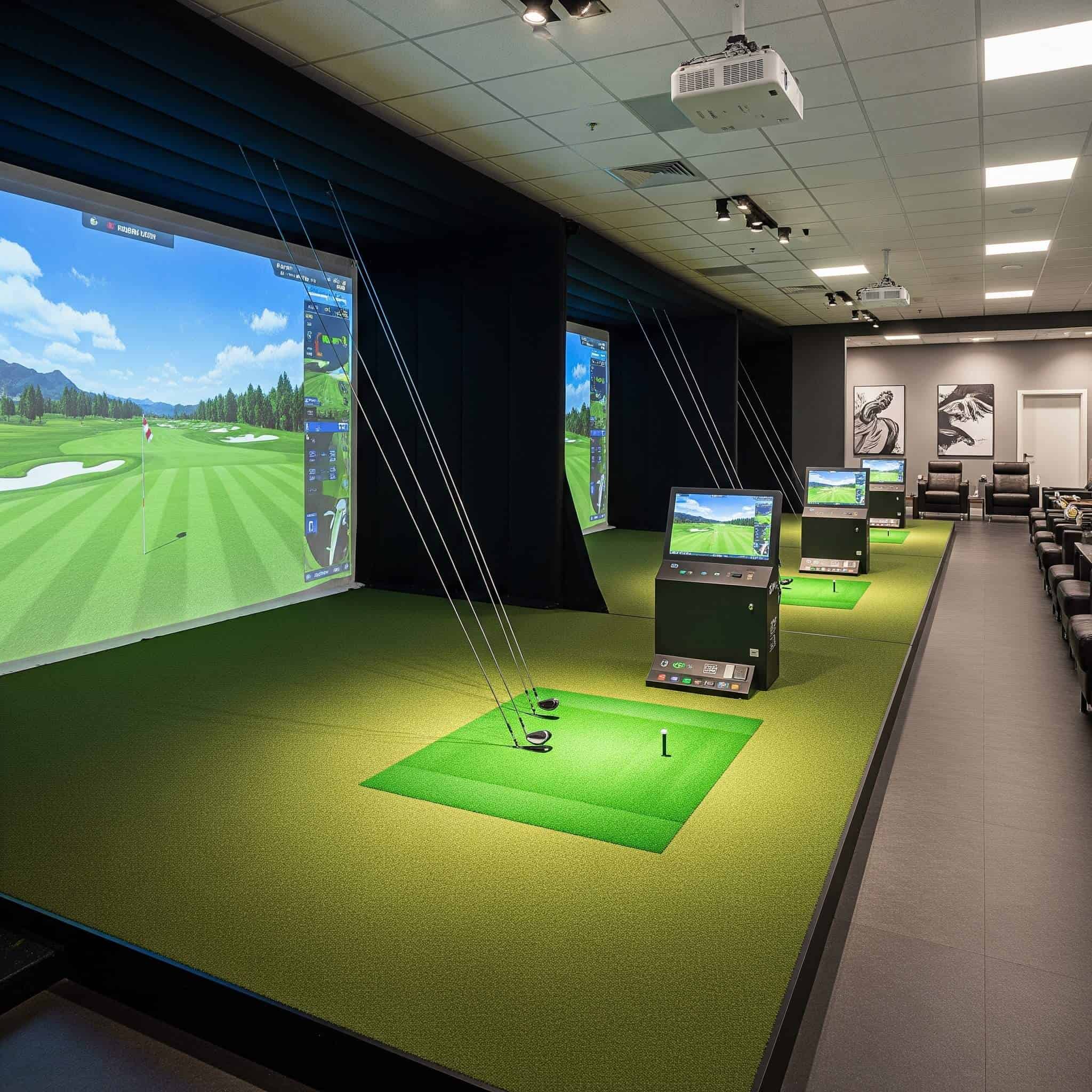 A high-quality, professional golf simulator featuring an impact screen and a high-resolution projector that creates a realistic depiction of world-renowned golf courses.