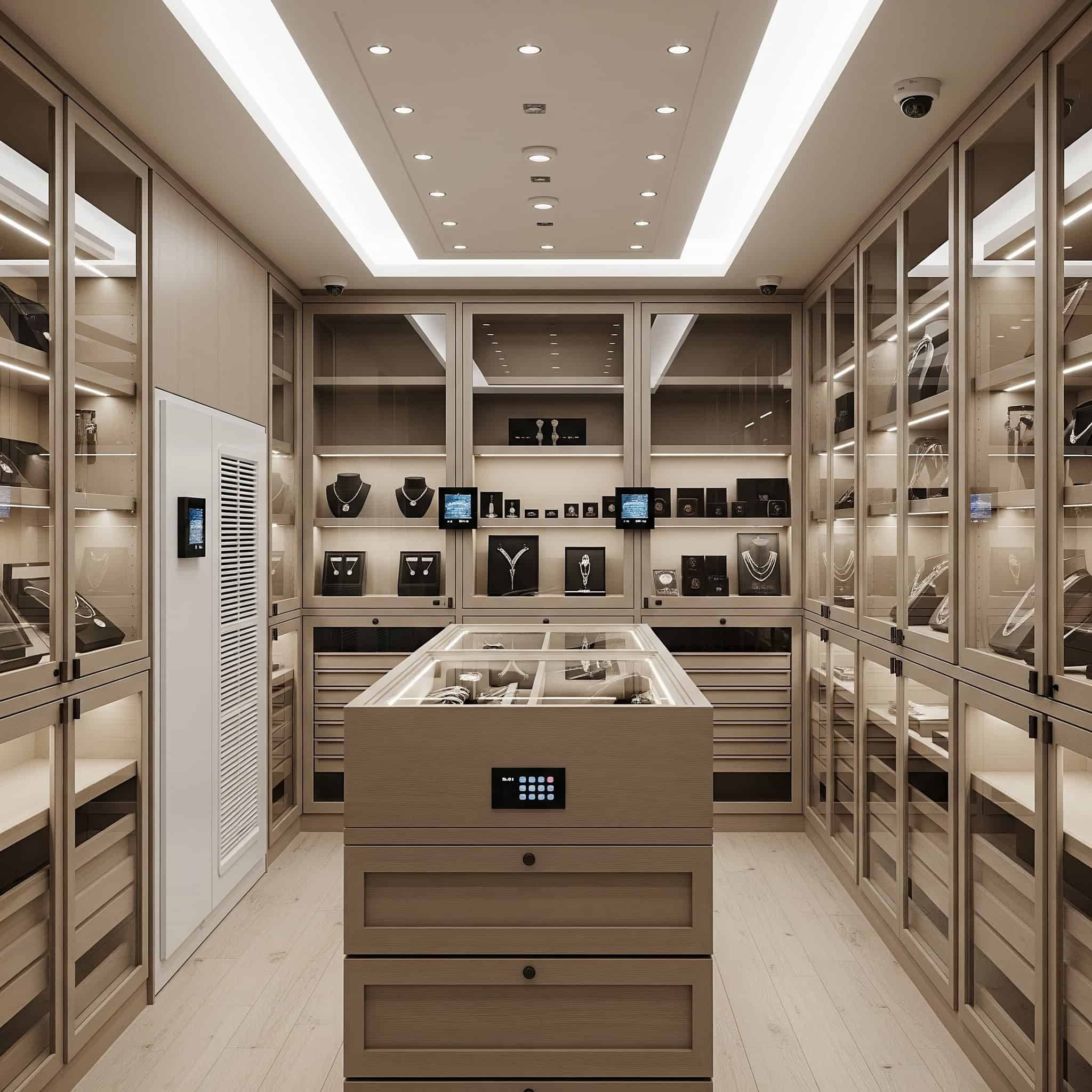 Design a space to showcase and organize collections with custom display cases, climate control, security considerations, and proper lighting that protects and presents valuable items effectively.