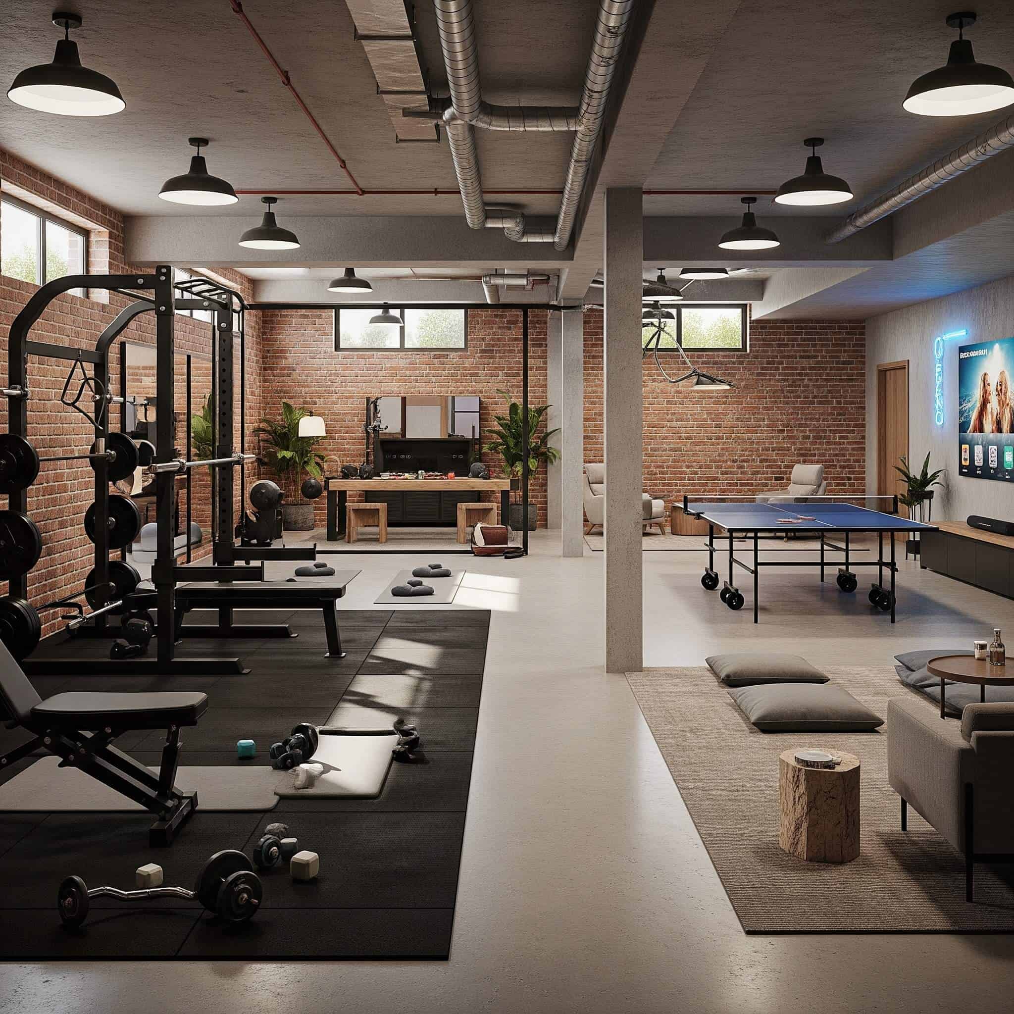 High-quality architectural rendering of a modern basement transformed into a versatile fitness and recreation space.