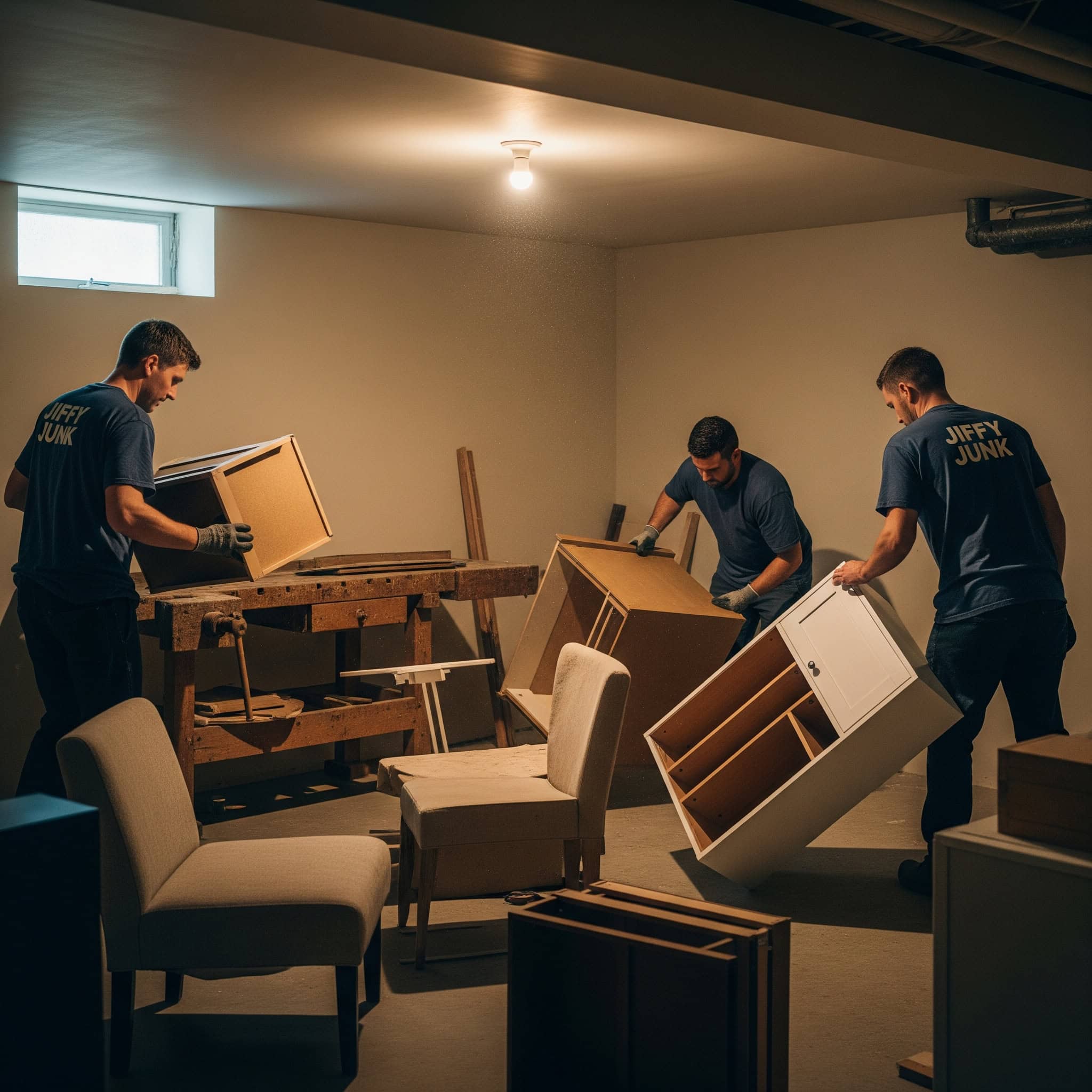 Jiffy Junk helping to clear out a basement to prepare for a kitchenette installation
