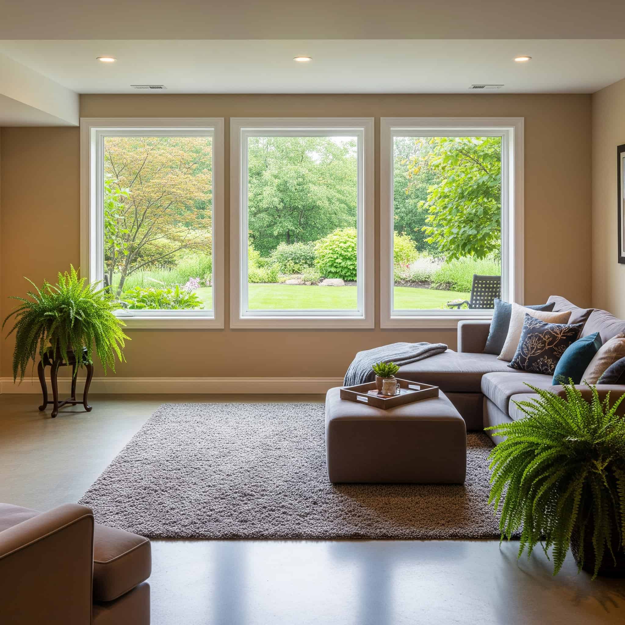 Basement with triple-pane windows and a view of a garden.