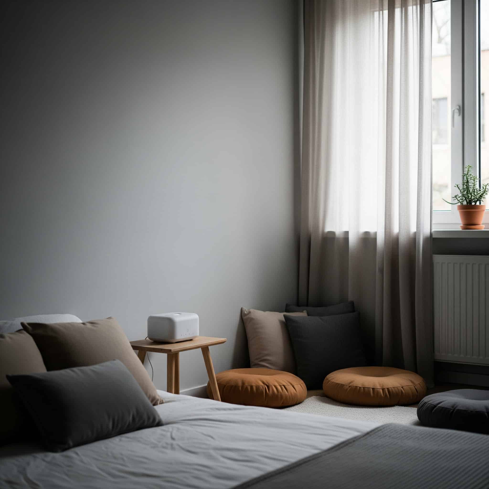 Urban bedroom with a meditation corner, floor cushions, a sound machine, and minimal visual distractions.