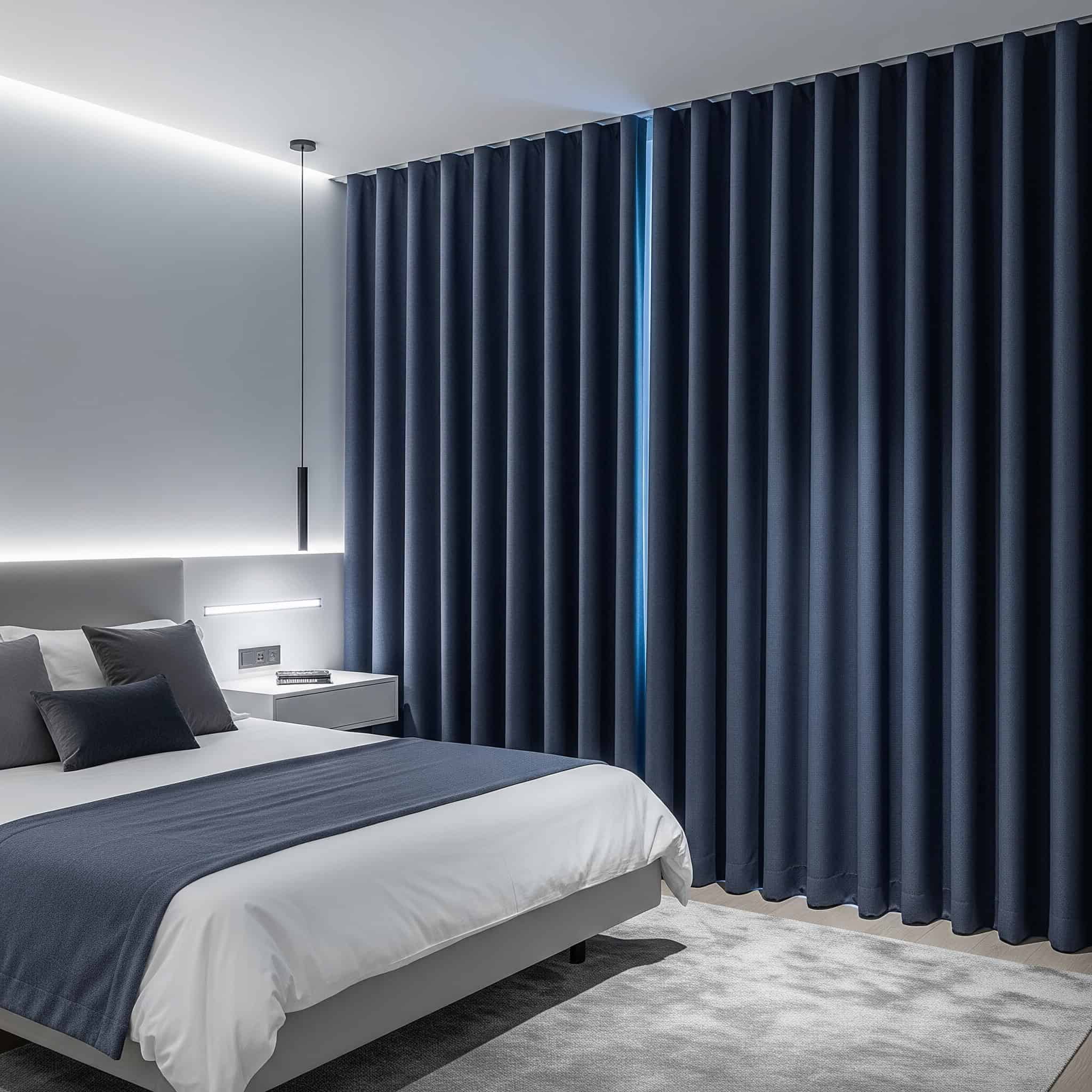 Modern bedroom with soundproof curtains.