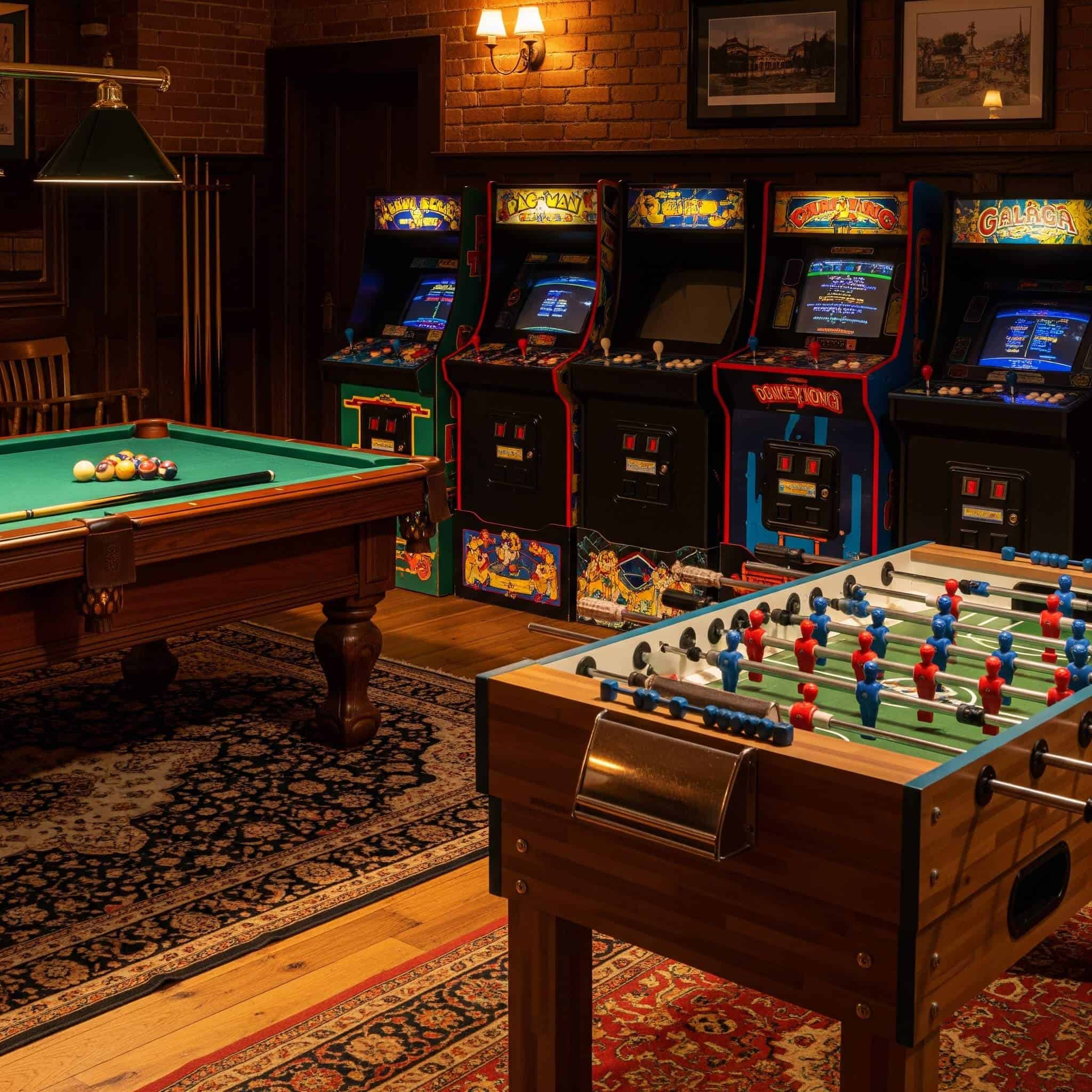 A traditional game room, bathed in warm, inviting light, features a classic pool table with green felt and polished wooden accents.