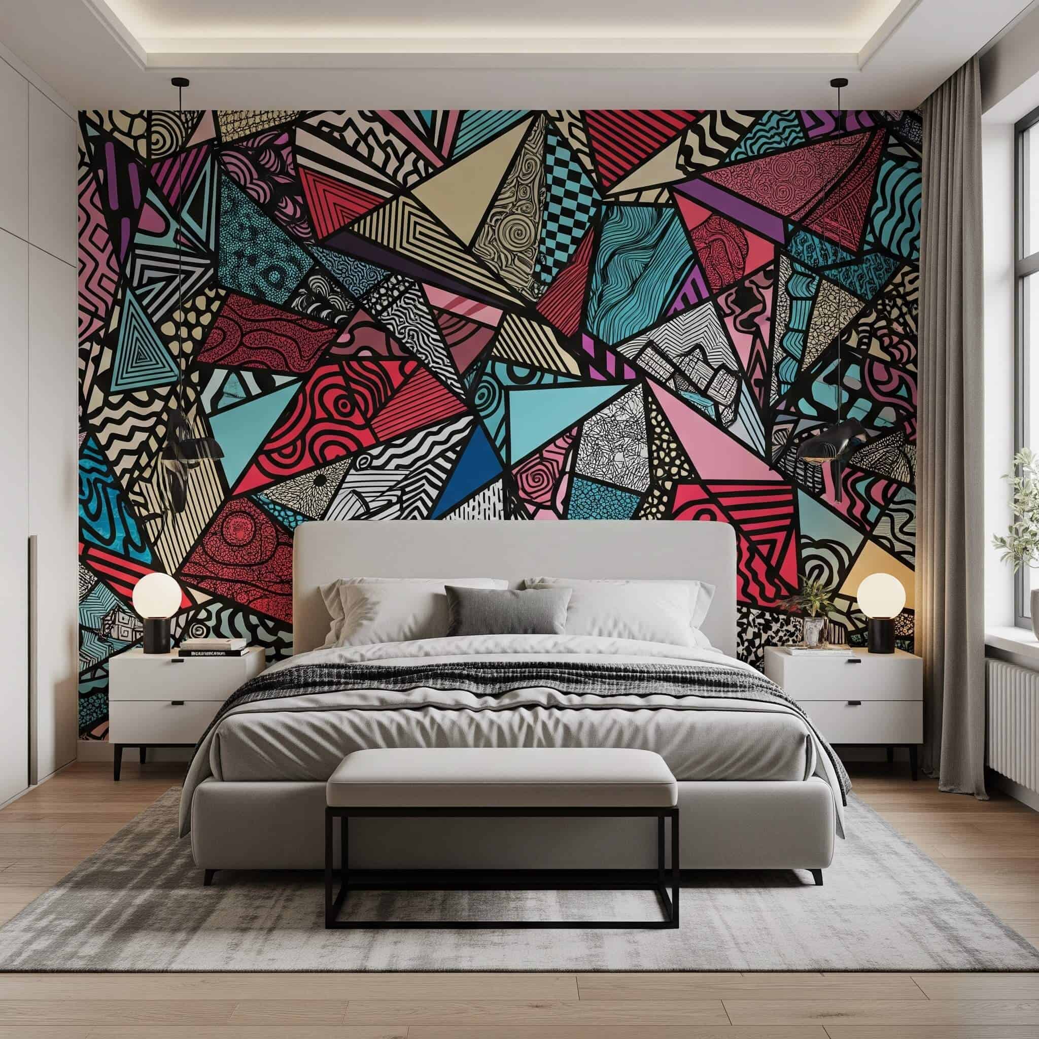 Modern bedroom with an abstract geometric accent wall.