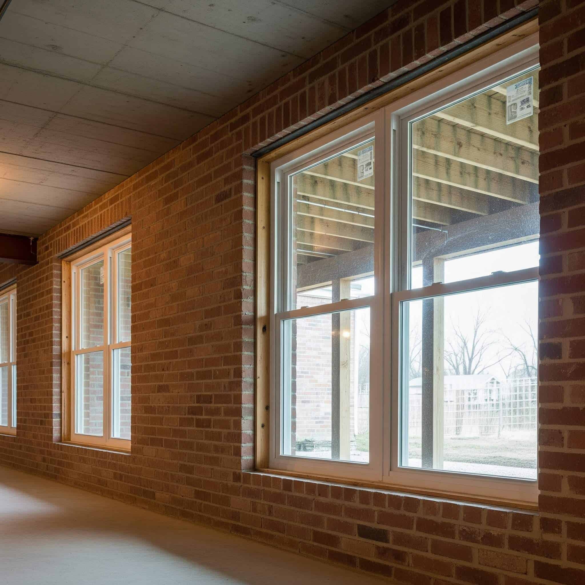 Low angle view of a basement space with several large fiberglass-framed windows