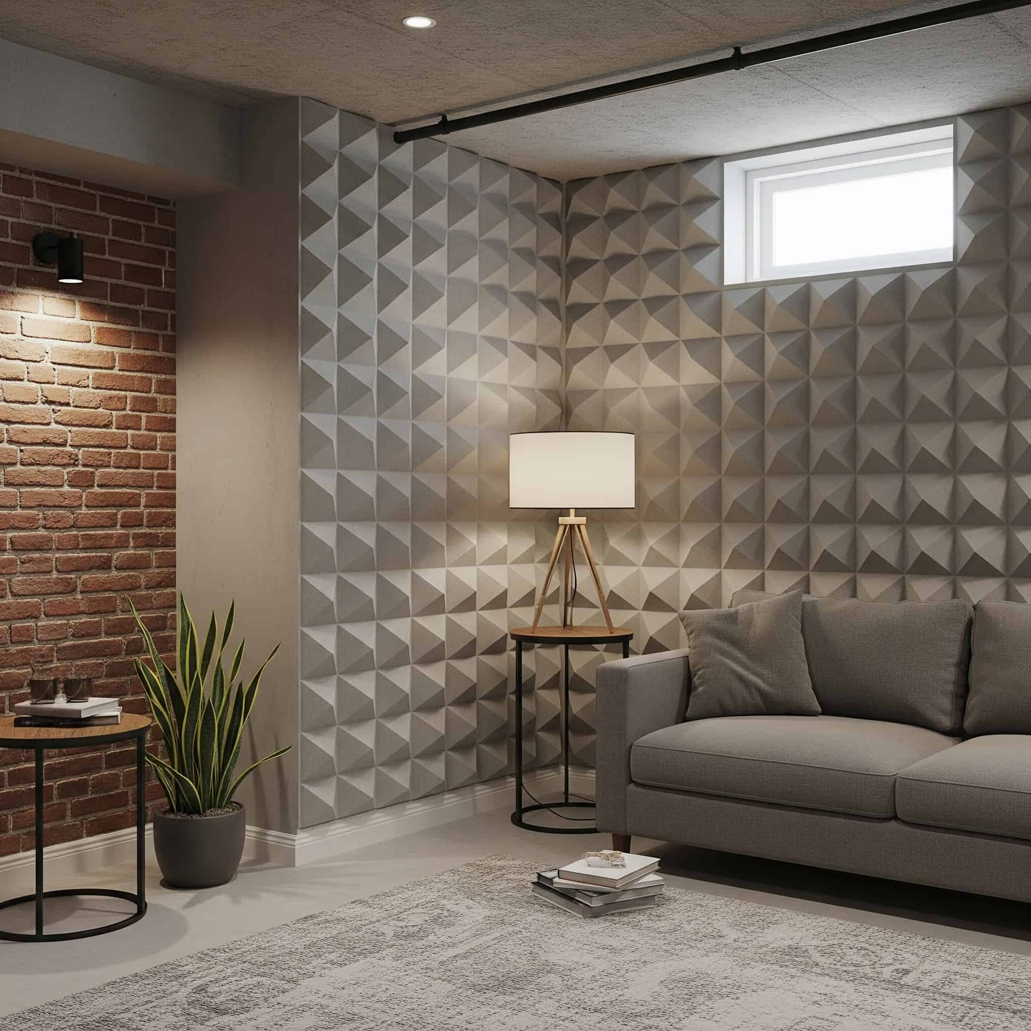 Sound-absorbing wallpaper improves acoustic quality in basement spaces.