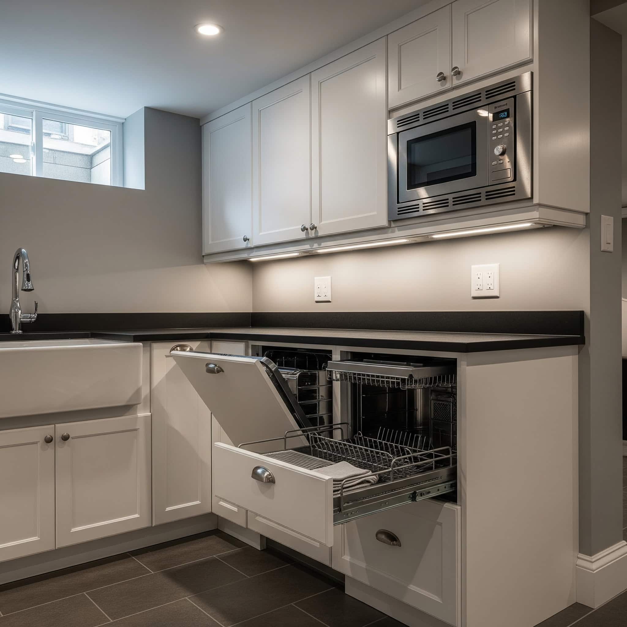 Drawer appliances in a basement kitchenette.