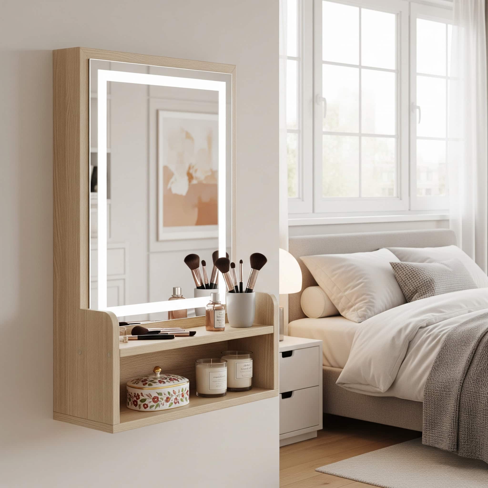 Bedroom with a mirror with an attached vanity shelf.